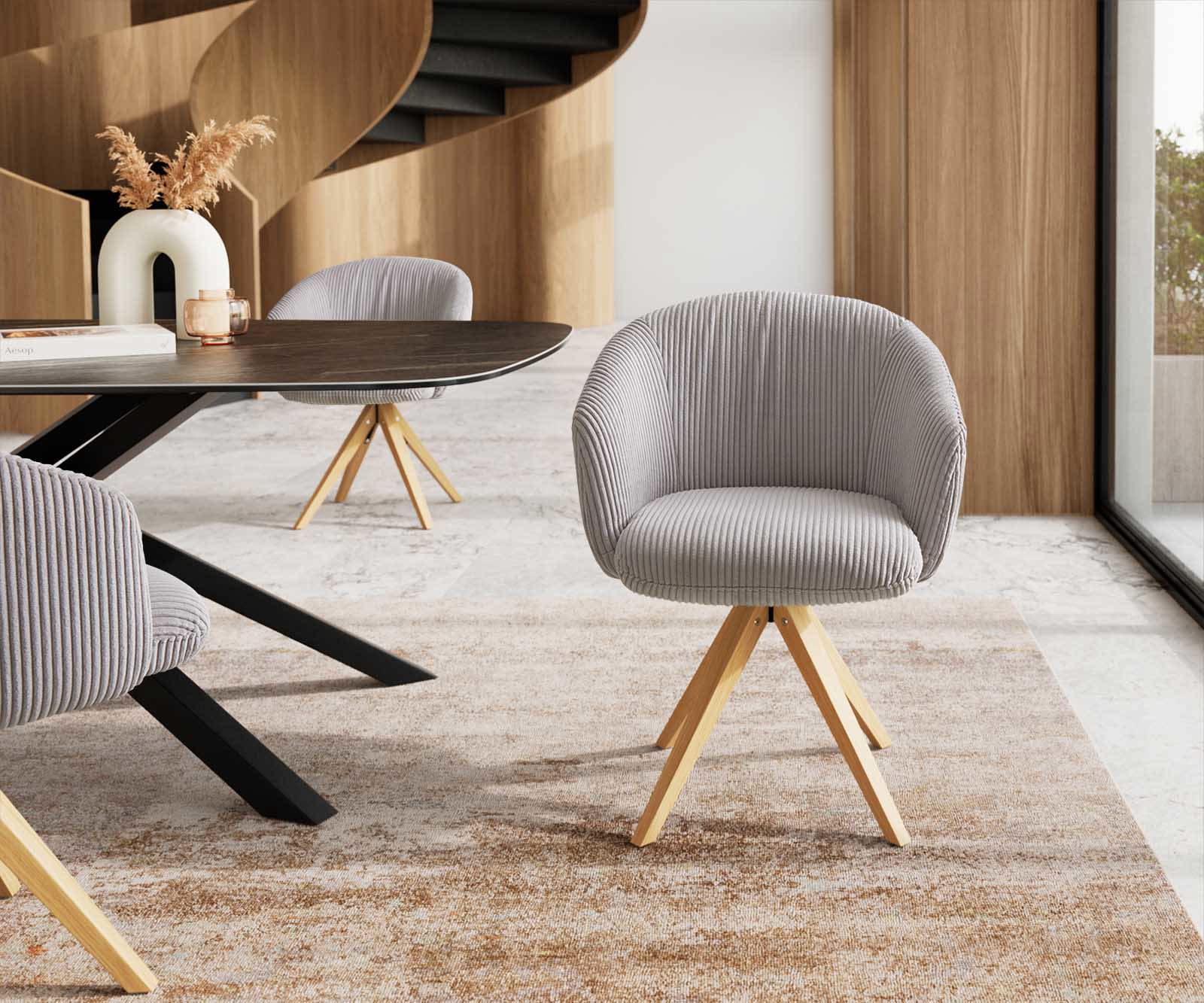 Врътящ се стол с подлакътници Корд СребристСив Дървена рамка  Натурал 180° въртящ се Покет пружина Caja-Flex 1 Врътящ се стол с подлакътници Корд СребристСив Дървена рамка  Натурал 180° въртящ се Покет пружина Caja-Flex 1