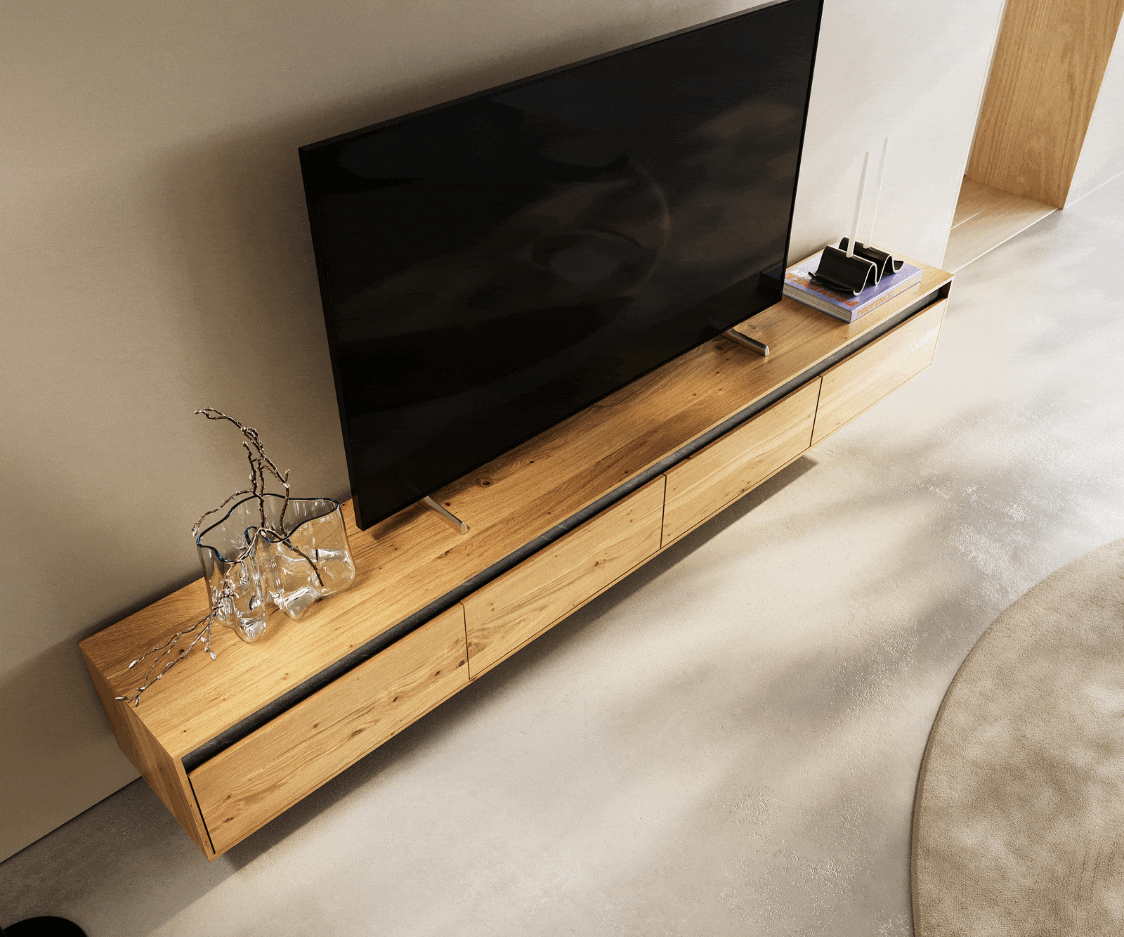 ТВ шкаф Stonegrace 240 cm естествен дъб 4 врати плаващи 3