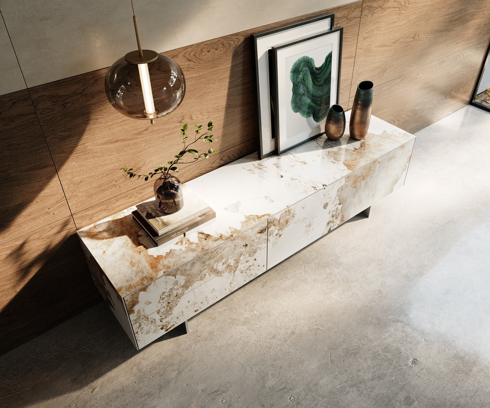 Нисък плот Cuor 180 см керамика Minas Melange Бяло-бежово 1 клапа 2 чекмеджета Основа Плаващ вид неръждаема стомана 4