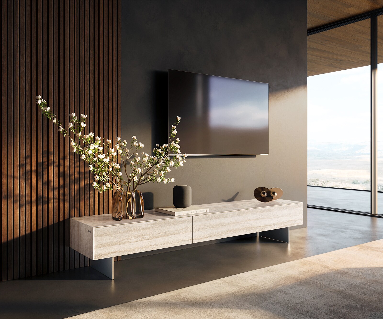 Ниска дъска Cuor 200 cm Керамичен ламинат® Travertino Bianco Крем-бяло 1 клапа 1 чекмедже Основа Плаващ вид Неръждаема стомана