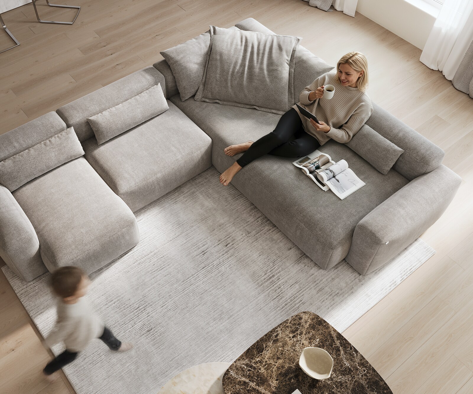 Дневен кът Freestyle 360x290 cm структурирана тъкан мека сива прошивка 3