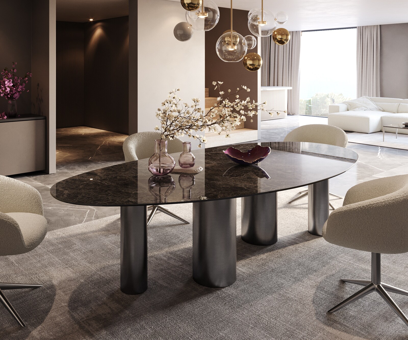 Трапезна маса Edge Oval 280x130, керамика Laminam „®“, Emperador Extra Lucidato, тъмнокафяво, Pilier, неръждаема стомана, графит