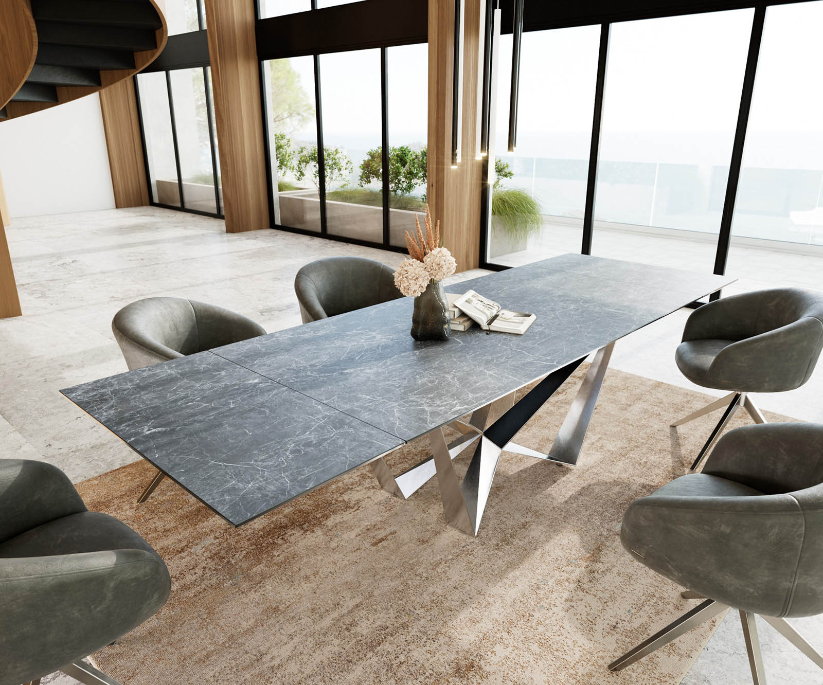 Разтегателна трапезна маса Edge 200-300х100 см Керамика Laminam® Nero Greco Антрацит Основа стомана тип Spider Сребристосив