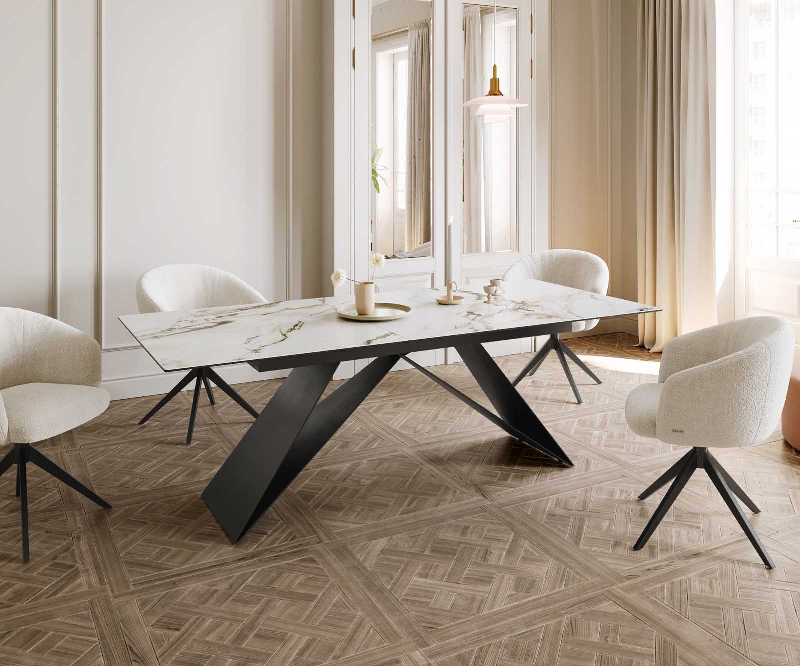 Разтегателна трапезна маса Edge 180-220х100 см Керамика Calacatta Luxe Бял-Злато-Сив V-образна метална основа Черен 8
