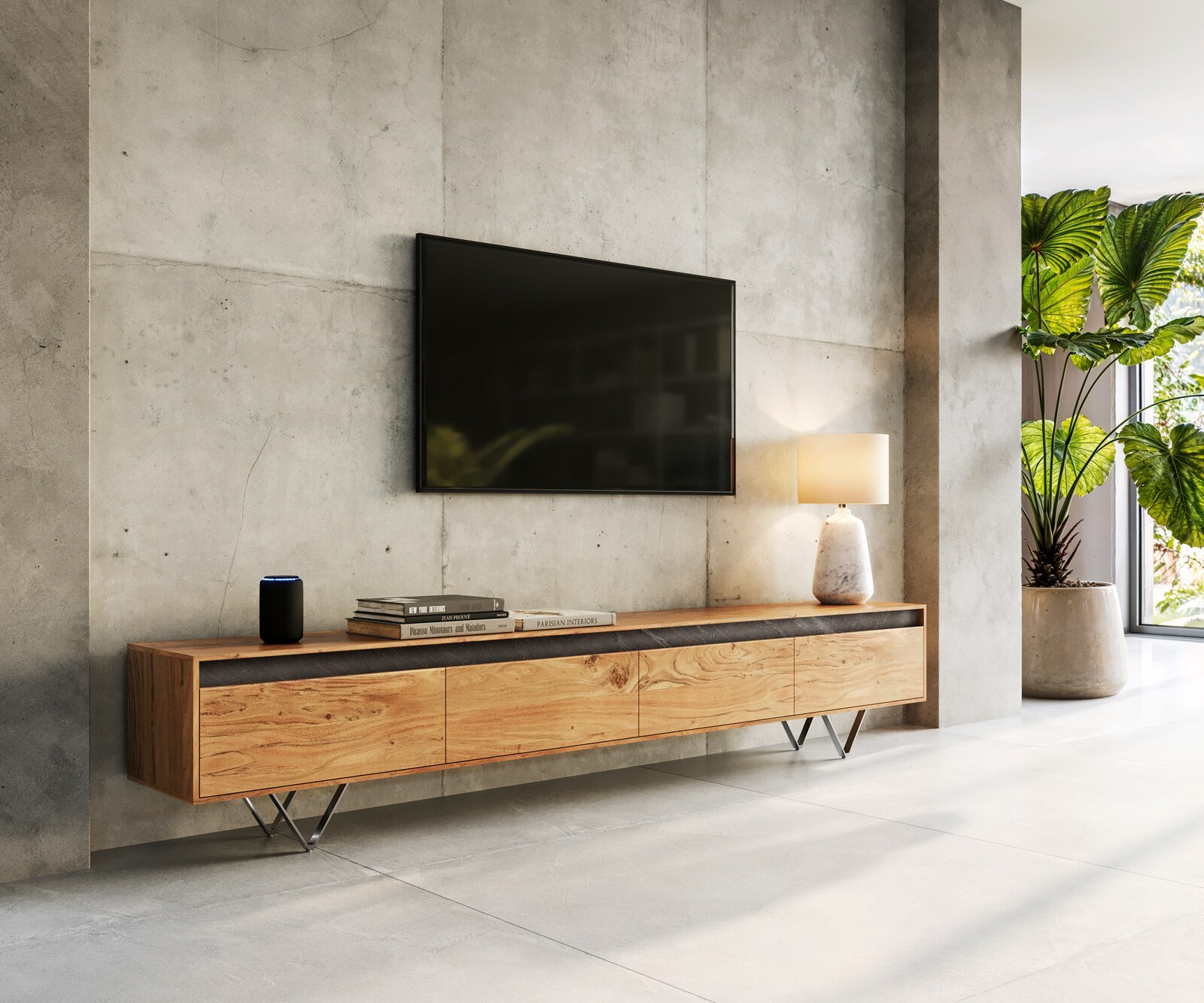ТВ шкаф Stonegrace 240 cм, 4 Врати, Натурален цвят, Масив Акация с каменен фурнир 