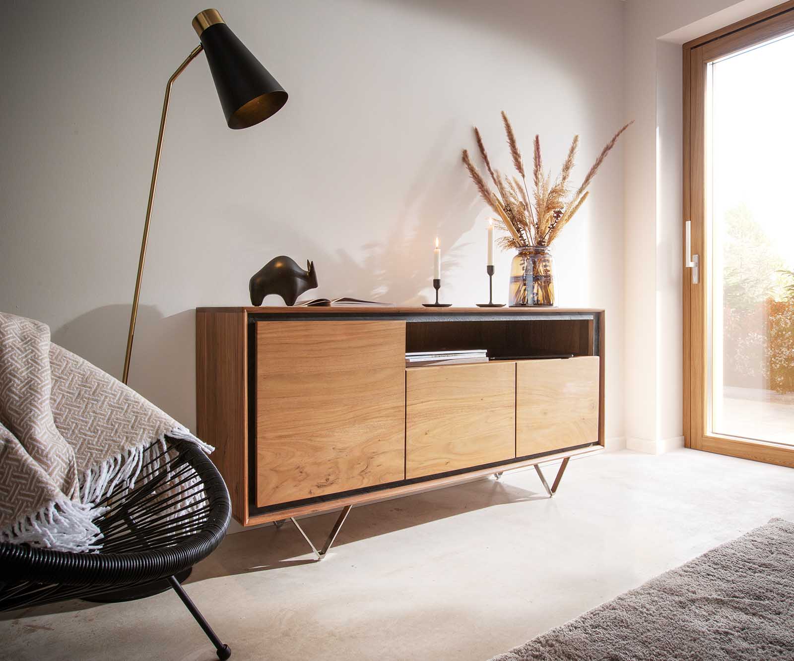 Бюфет 145 cm Акация Натурал 3 Врати 1 Рафт каменен фурнир V-Крак Stonegrace Бюфет 145 cm Акация Натурал 3 Врати 1 Рафт каменен фурнир V-Крак Stonegrace