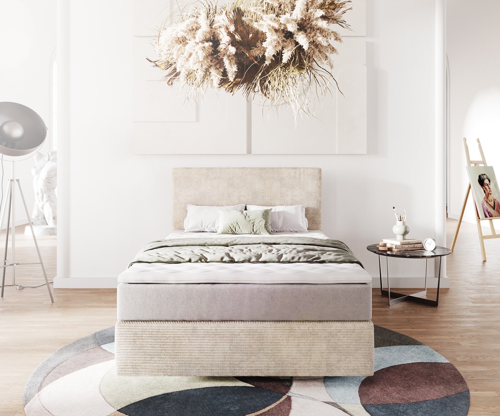 Легло с бокс-спринг Dream-Well 120x200 см, цвят „Cord Beige“, с матрак с независими пружини и топър Visco 1