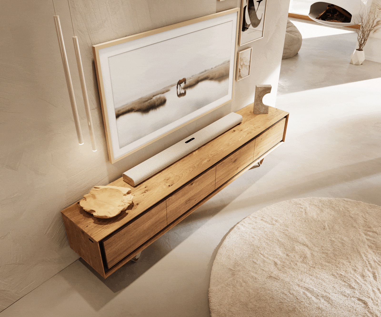 ТВ шкаф Stonegrace 200 cm естествен дъб 4 врати каменен фурнир V-образен крак от неръждаема стомана 4