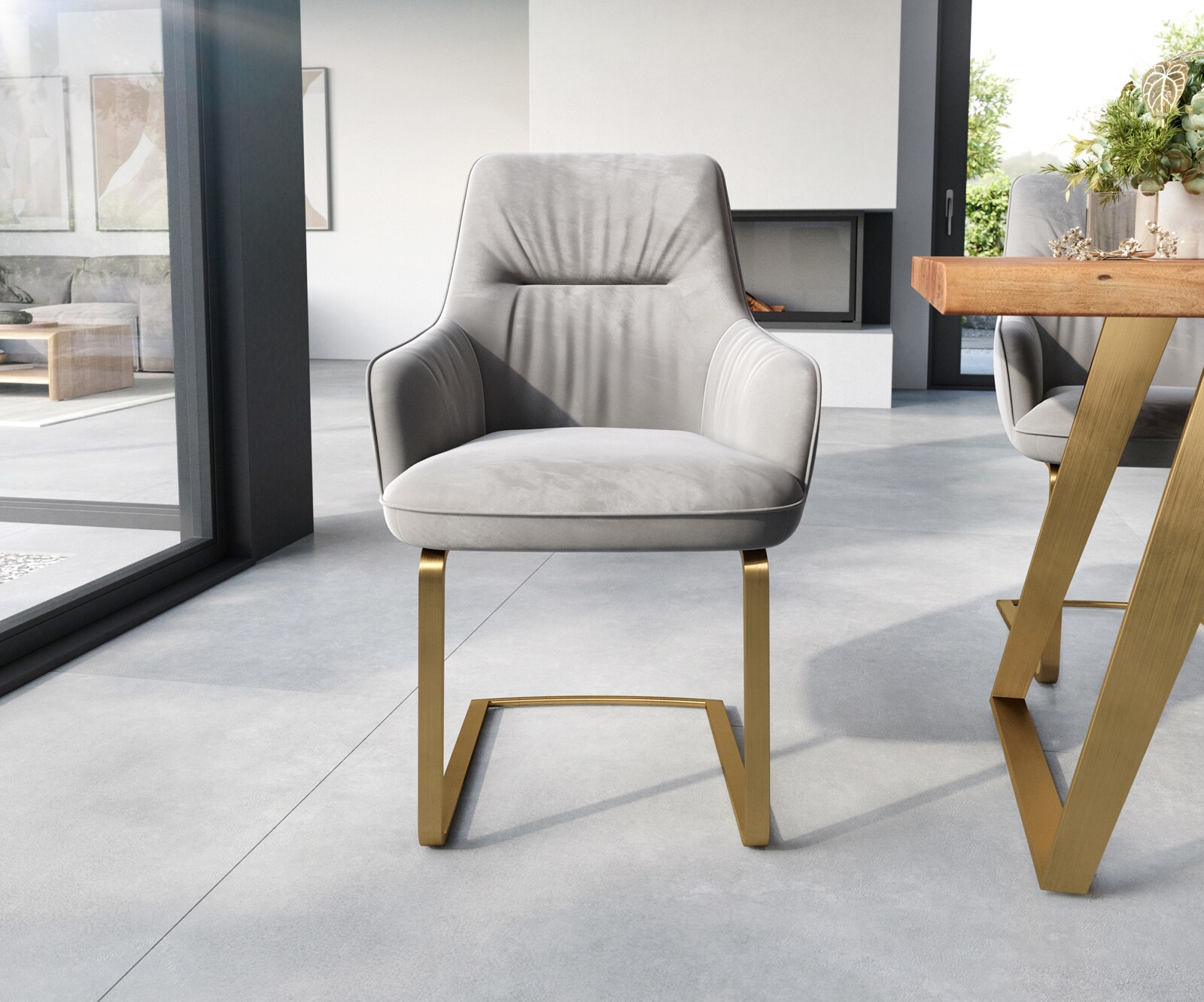 Люлеещ стол с подлакътници Кадифе Сив Конзолен крак плосък Злато  Покет пружина Zelia-Flex 1