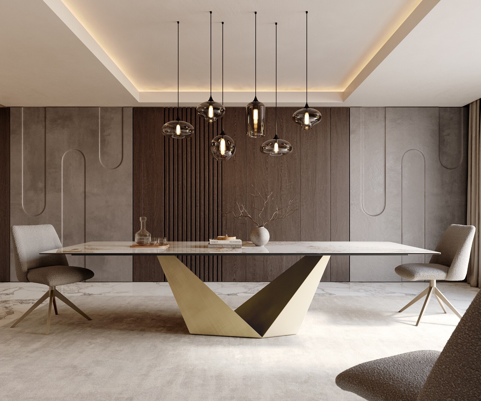 Трапезна маса Edge 300x100 керамика Minas Melange Бяло-бежово Prisma Metallic Gold