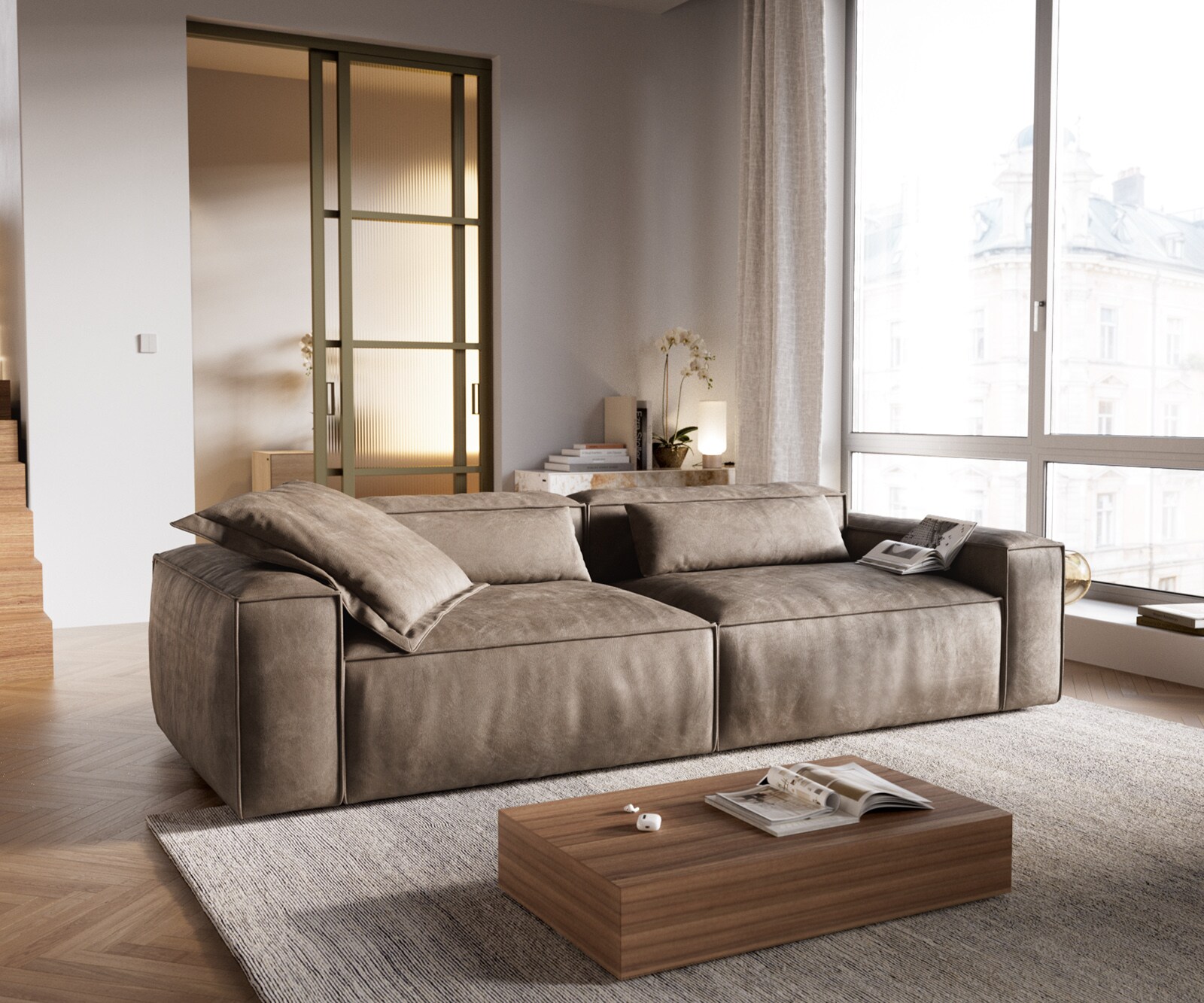 Голям диван Freestyle 280x110 cm микрофибър сив реколта тръбен шев 1