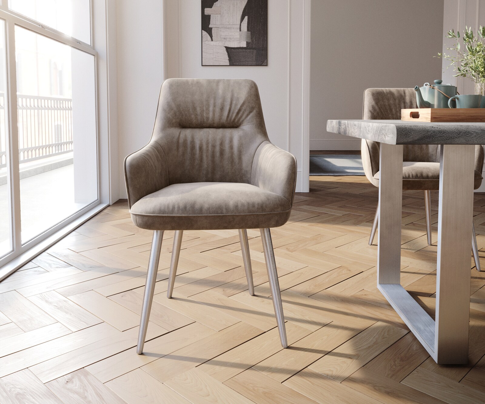 Стол с подлакътници Таупе Винтидж 4-крака Прави Неръждаема стомана  Покет пружина Zelia-Flex 1