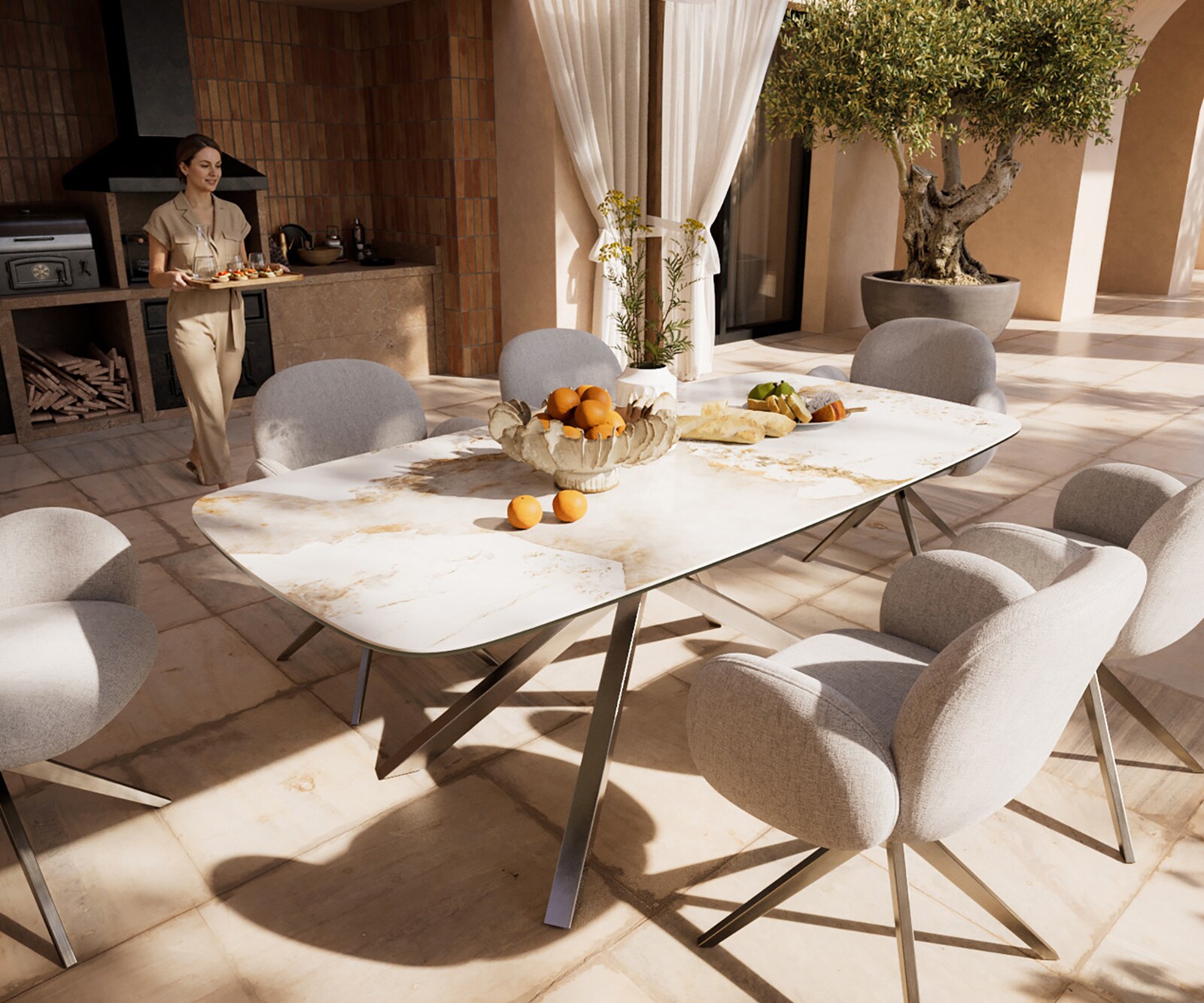 Маса Edge тип Лодка 200x100 см, керамика Minas Melange, бяло-бежова, подходяща за външна употреба, кръстосана рамка, правоъгълна, неръждаема стомана 1