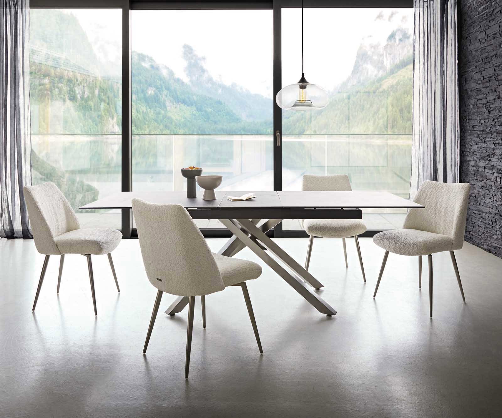 Трапезен стол Букле Бял 4 крака конични Неръждаема стомана Покет пружина Elso-Flex 5 Трапезен стол Букле Бял 4 крака конични Неръждаема стомана Покет пружина Elso-Flex 5