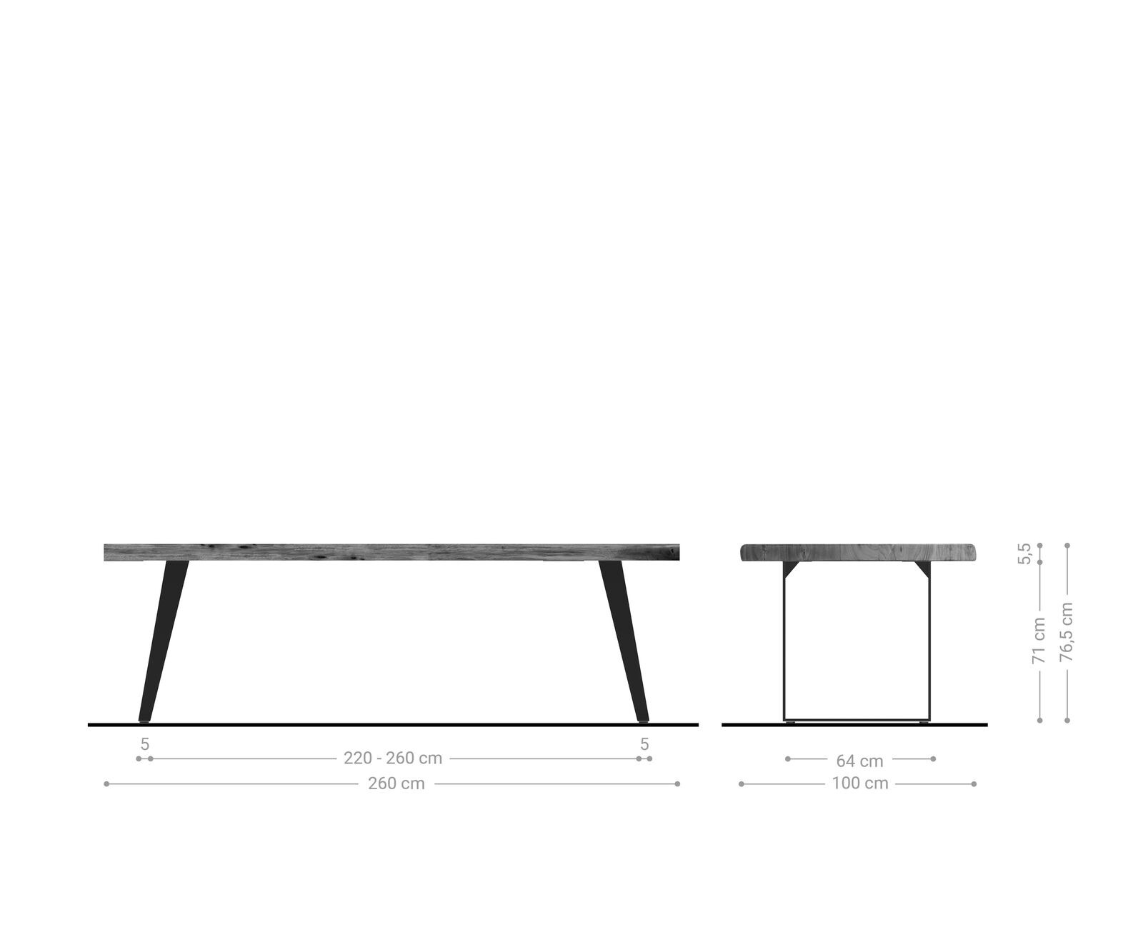 Трапезна маса Edge 260x100 XL от естествена акация с метални елементи и наклонена естествена дървесна повърхност 6