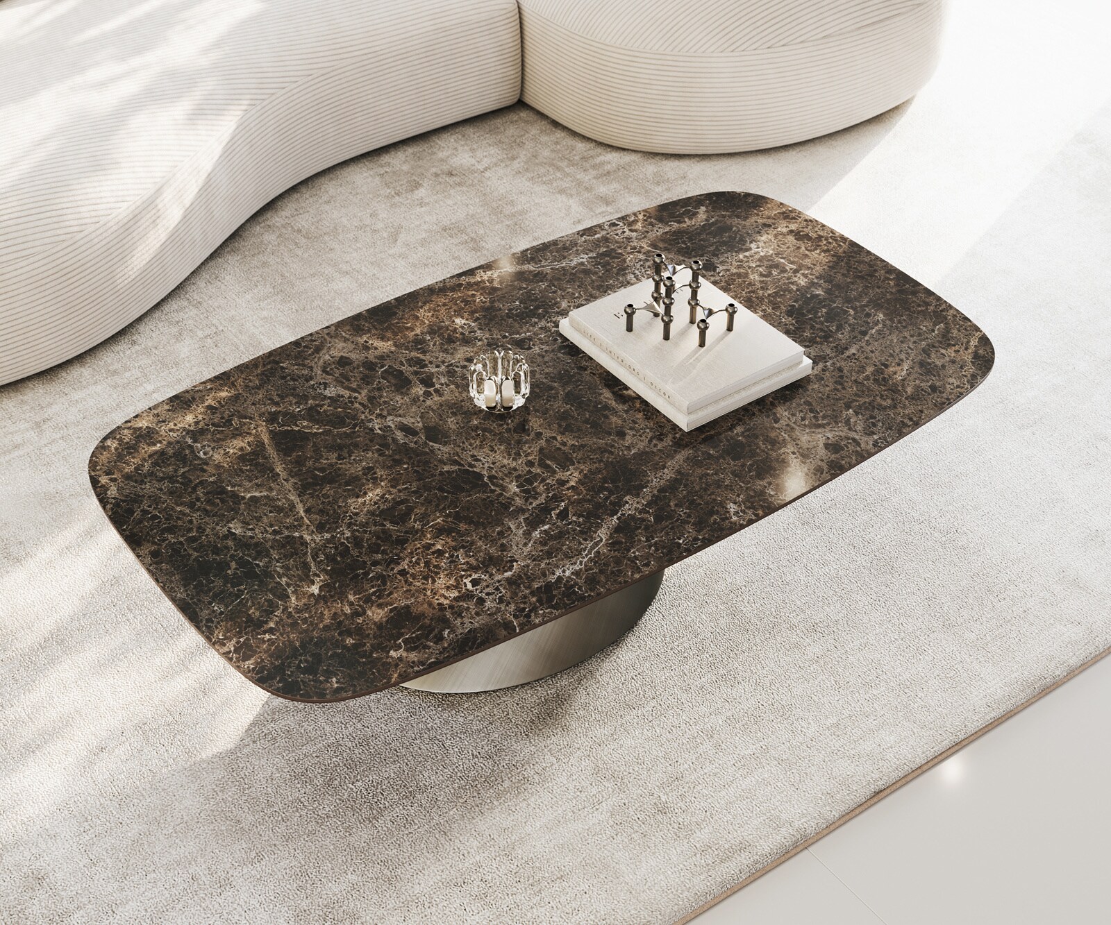 Масичка за кафе Edge Boot 140x80 cm керамика Laminam® Emperador Extra Lucidato тъмнокафяво Conis Metallic Silver 4