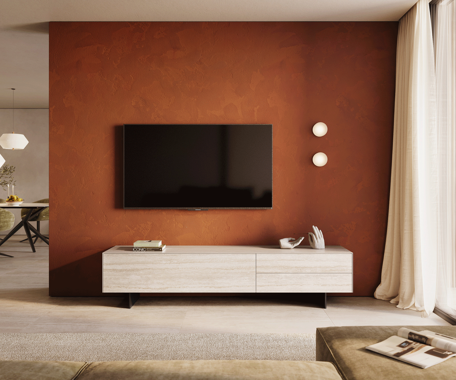 Ниска дъска Cuor 220 cm Керамичен ламинат® Travertino Bianco Крем-бяло 1 клапа 2 чекмеджета Основа Окачен вид Метал черен 2