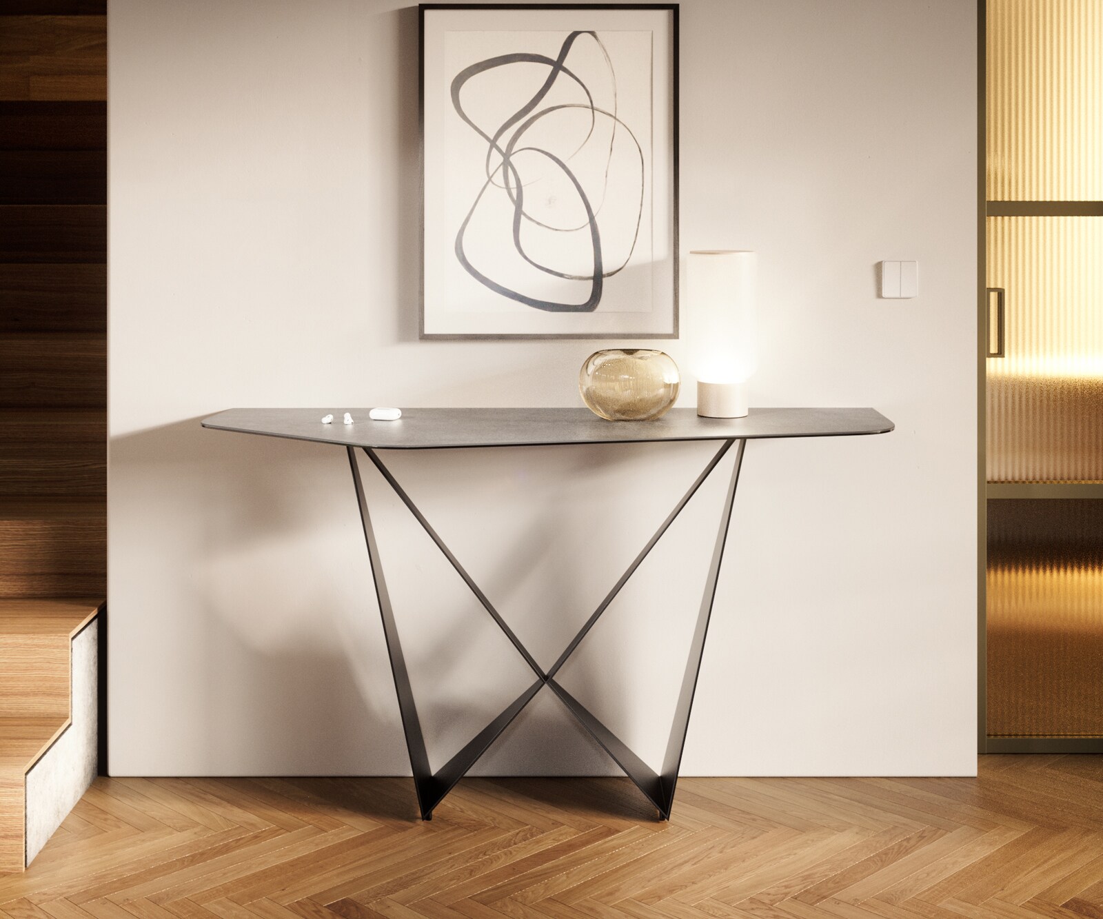 Конзолна маса Edge Polygonal 140x50 см, керамика и бетон в сиво, метал Spios в черно 3