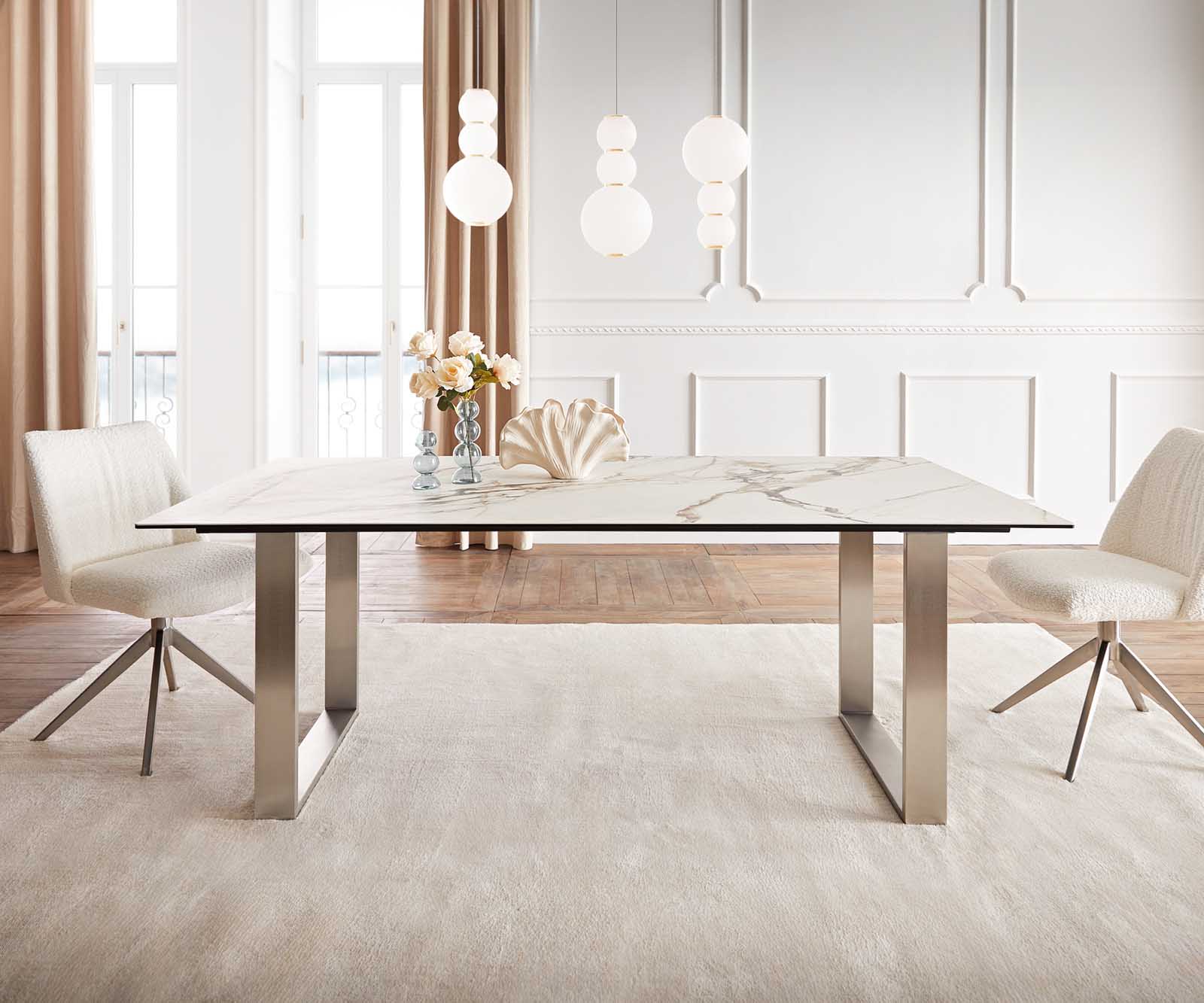 Маса 200x100 Keramik Calacatta Luxe Бял-Злато-Сив Неръждаема стомана Тесен профил Edge