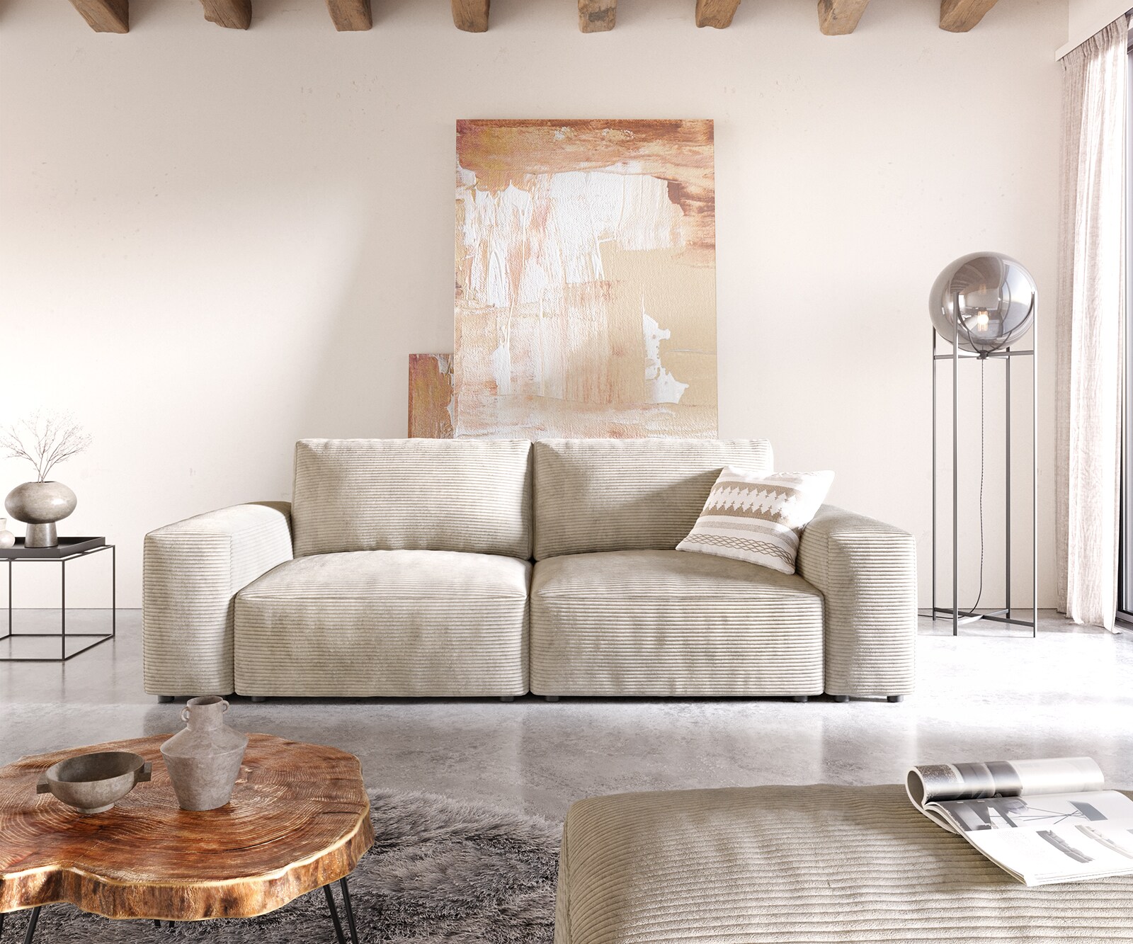 Голям диван Lanzo L 230x95 см Рипс Бежов с табуретка 1
