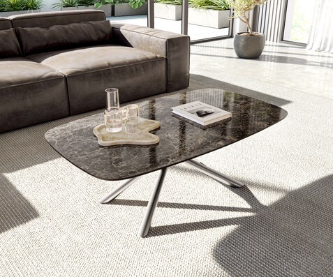 Масичка за кафе Edge Boot 120x70 cm Керамичен ламинат® Emperador Extra Lucidato Тъмно кафяво Sarity Матирана неръждаема стомана