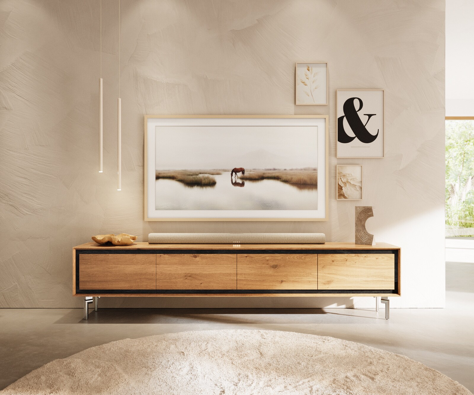 Нисък плот Stonegrace 200 cm естествен дъб 4 врати основа овал матирана неръждаема стомана 2