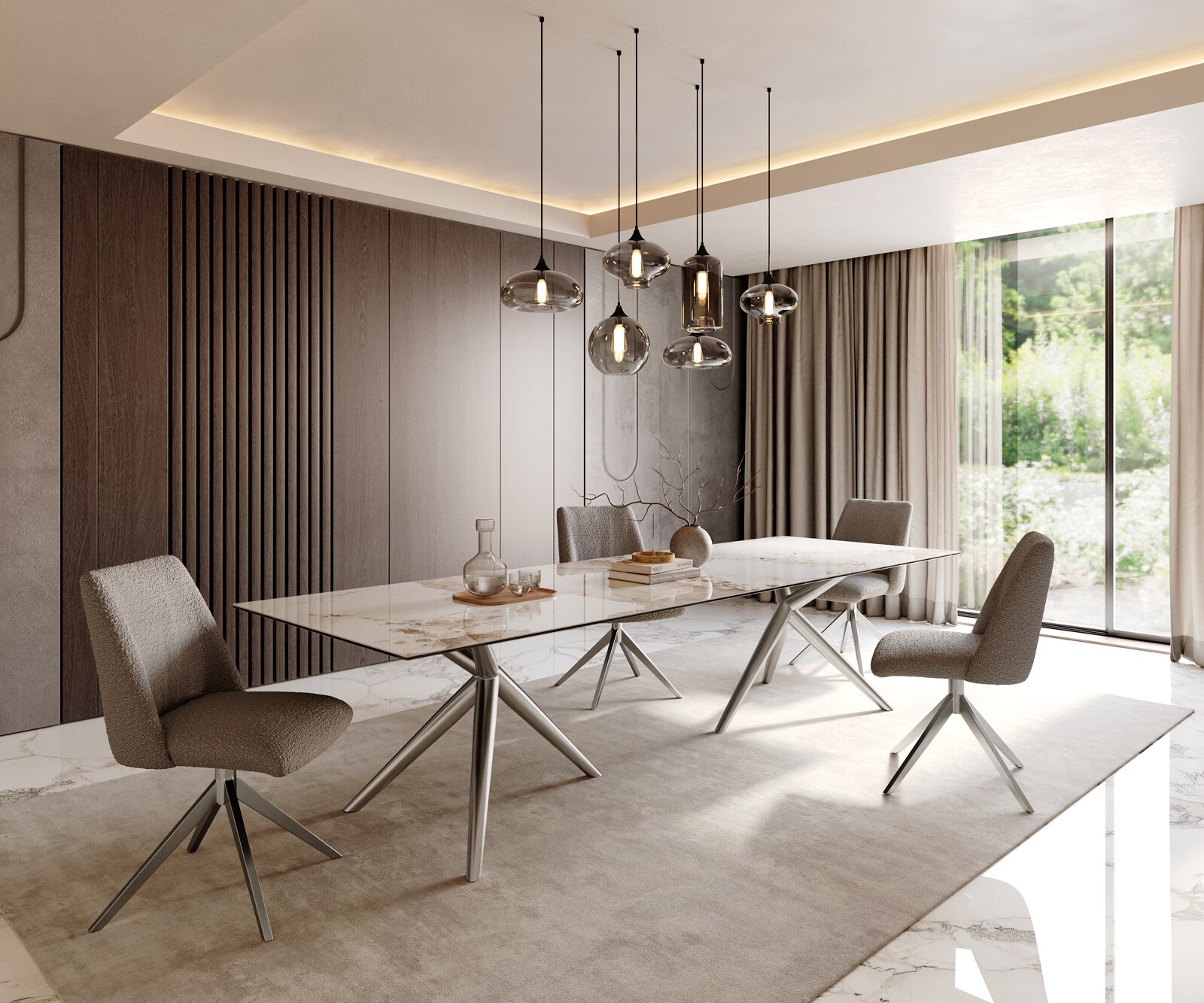 Трапезна маса Edge 300x100 керамична Minas Melange бяло-бежова Estelar кръгла от неръждаема стомана 5