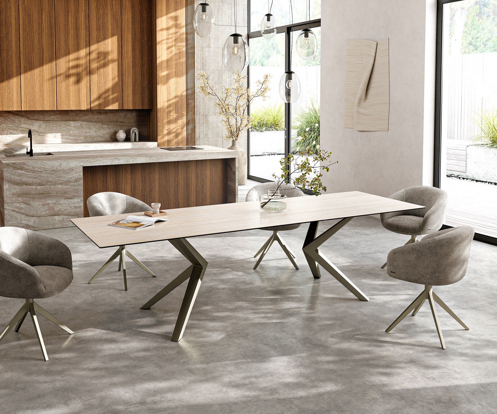 Трапезна маса Edge 300x100, керамика Laminam „®“, Travertino Bianco, кремаво-бяла, Zenthara, с остри ръбове, метално покритие с ефект „Титан“ 7