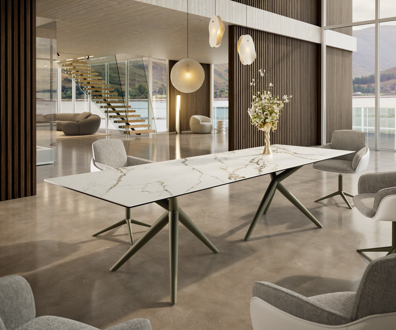 Трапезна маса Edge 300x100, керамика Calacatta Luxe, бяло-златно-сиво, Estelar, кръгла, метал, ефектно покритие „Титан“ 1