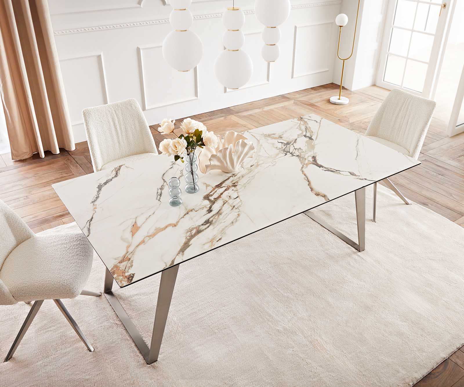 Маса 200x100 Keramik Calacatta Luxe Бял-Злато-Сив Неръждаема стомана под ъгъл Edge 5