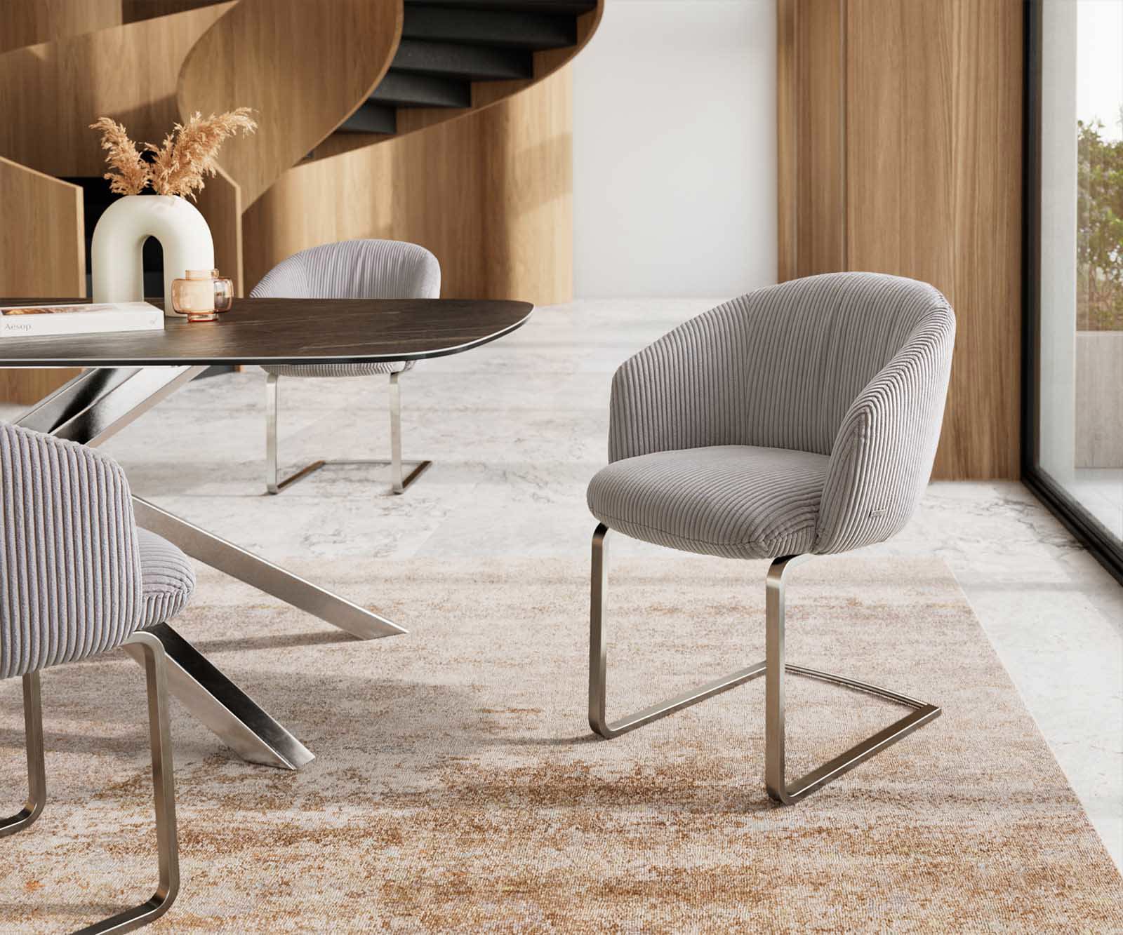 Люлеещ стол с подлакътници Корд Сребристо сив Конзолен крак плосък Неръждаема стомана Покет пружина Caja-Flex Люлеещ стол с подлакътници Корд Сребристо сив Конзолен крак плосък Неръждаема стомана Покет пружина Caja-Flex