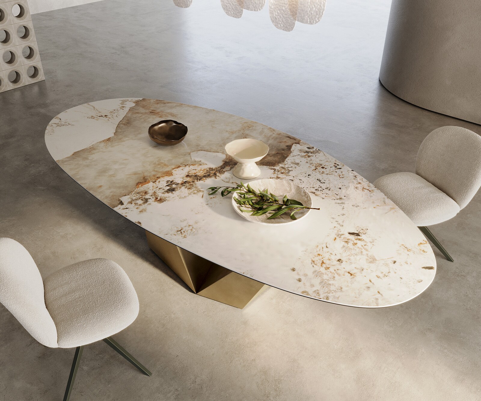 Edge Овална маса за хранене 280x130 керамика Minas Melange Бяло-бежово Prisma Metallic Gold 2