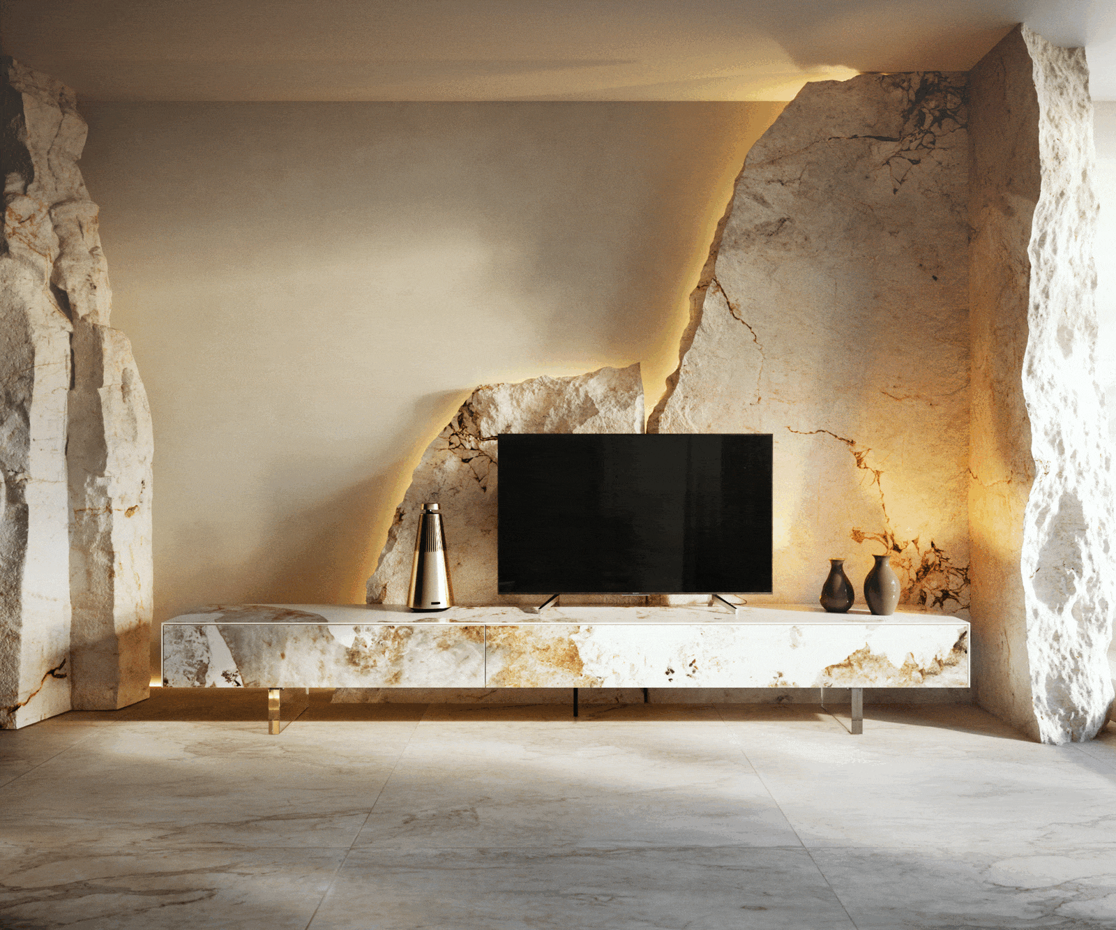 Нисък плот Cuor 250 cm Керамика Minas Melange Бяло-бежово 1 клапа 1 чекмедже Основа Плаващ вид акрилно стъкло 5