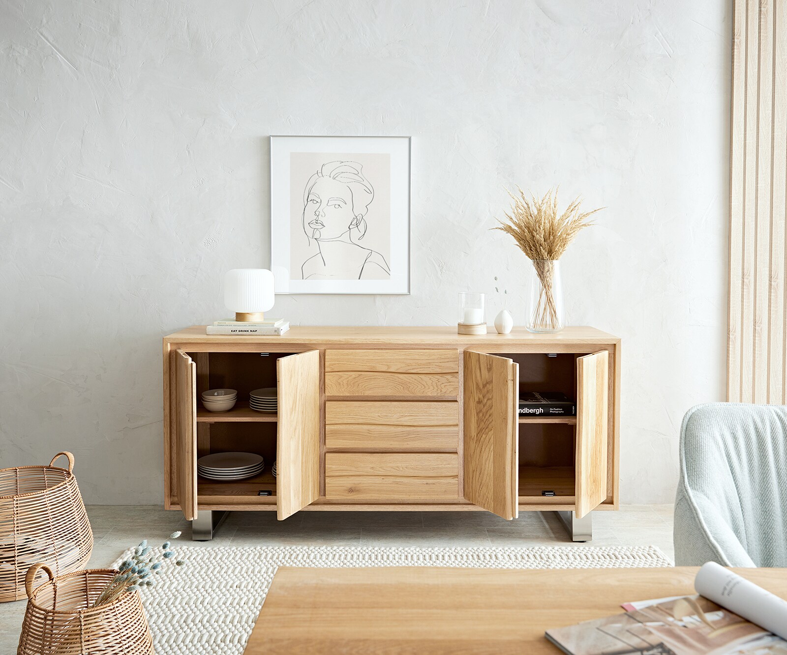 Бюфет Live-Edge 170 cm, естествен дъб 3 чекмеджета 4 врати 5