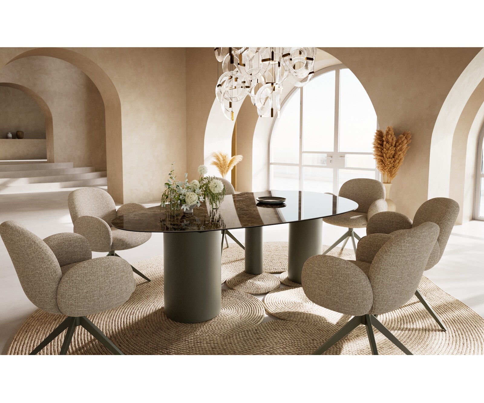 Трапезна маса Edge Oval 220x120, керамика Laminam „®“, Emperador Extra Lucidato, тъмнокафяво, Troa, метално покритие с ефект „Титан“ 5