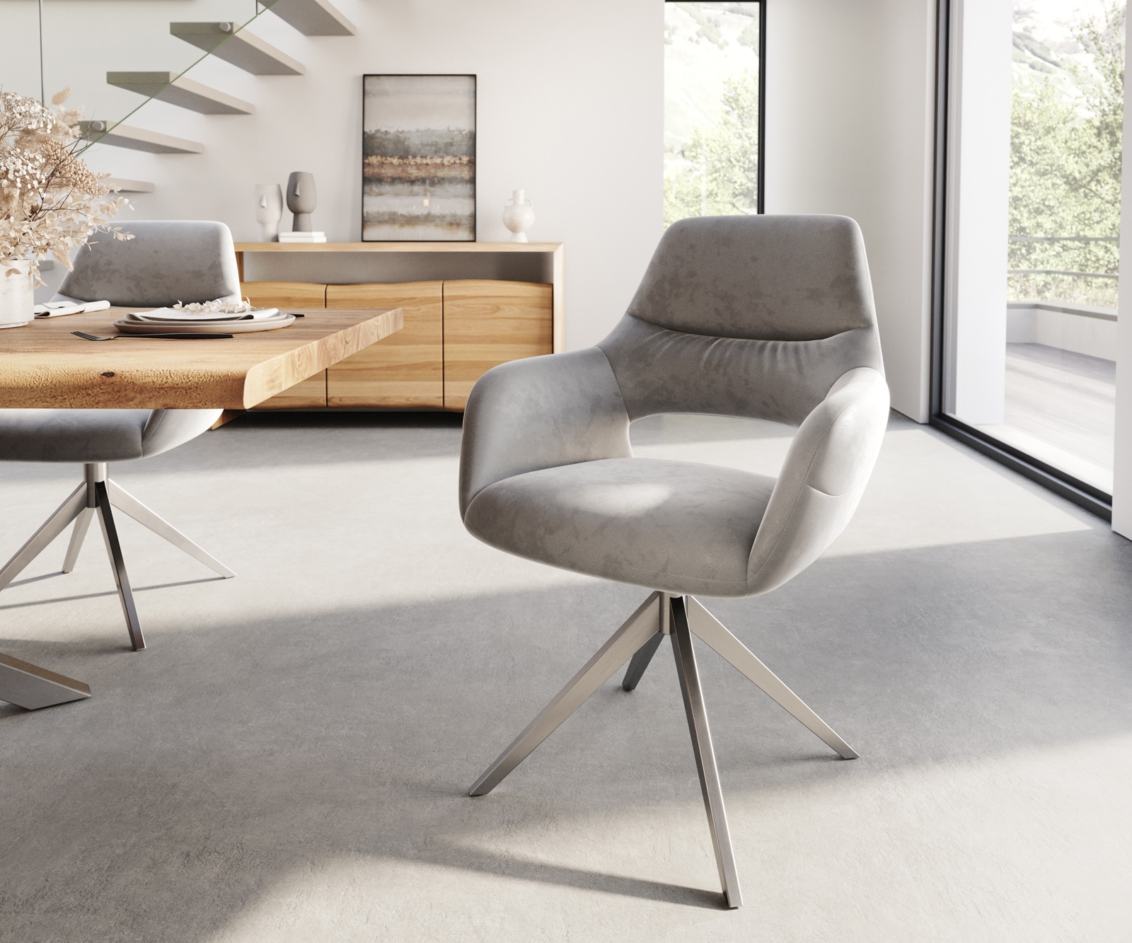 Врътящ се стол с подлакътници Кадифе Сив Конус крак плосък Неръждаема стомана 360° въртящ се Yago-Flex Врътящ се стол с подлакътници Кадифе Сив Конус крак плосък Неръждаема стомана 360° въртящ се Yago-Flex