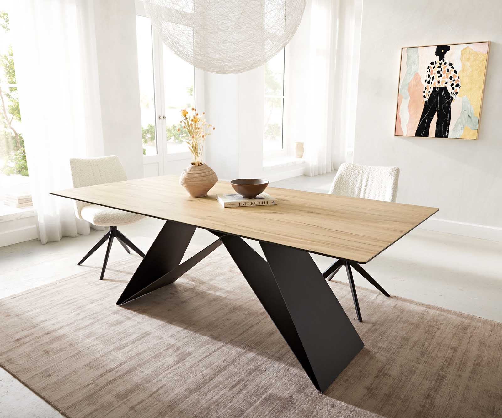 Маса 200x100 Keramik Laminam® Sabbia Дъбfarbig V-Рамка плоска стомана Черен Edge 1