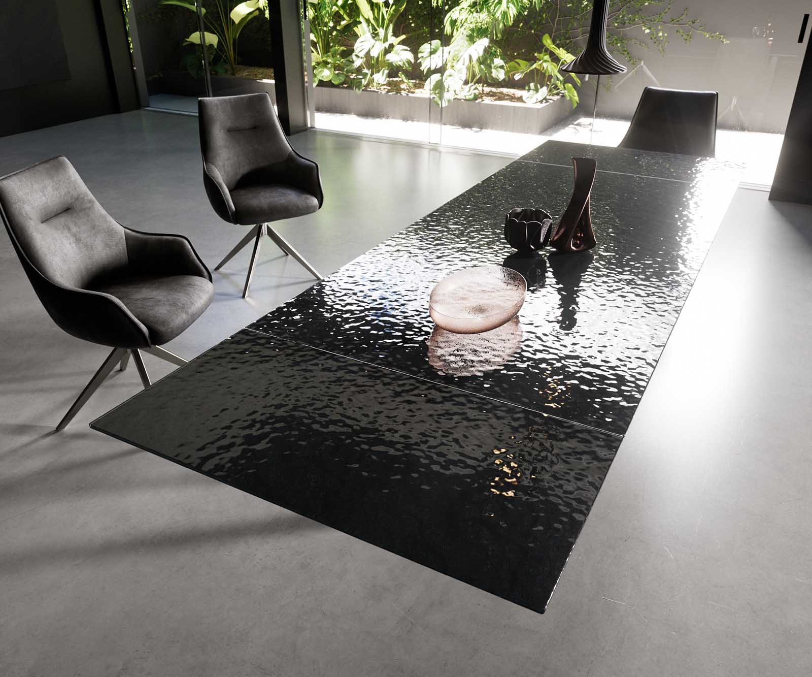 Маса 200-300x100 РелефноСтъкло ОпушеноЧерен 3D-Design Spider плоска стомана Черен разтегателна Edge 6