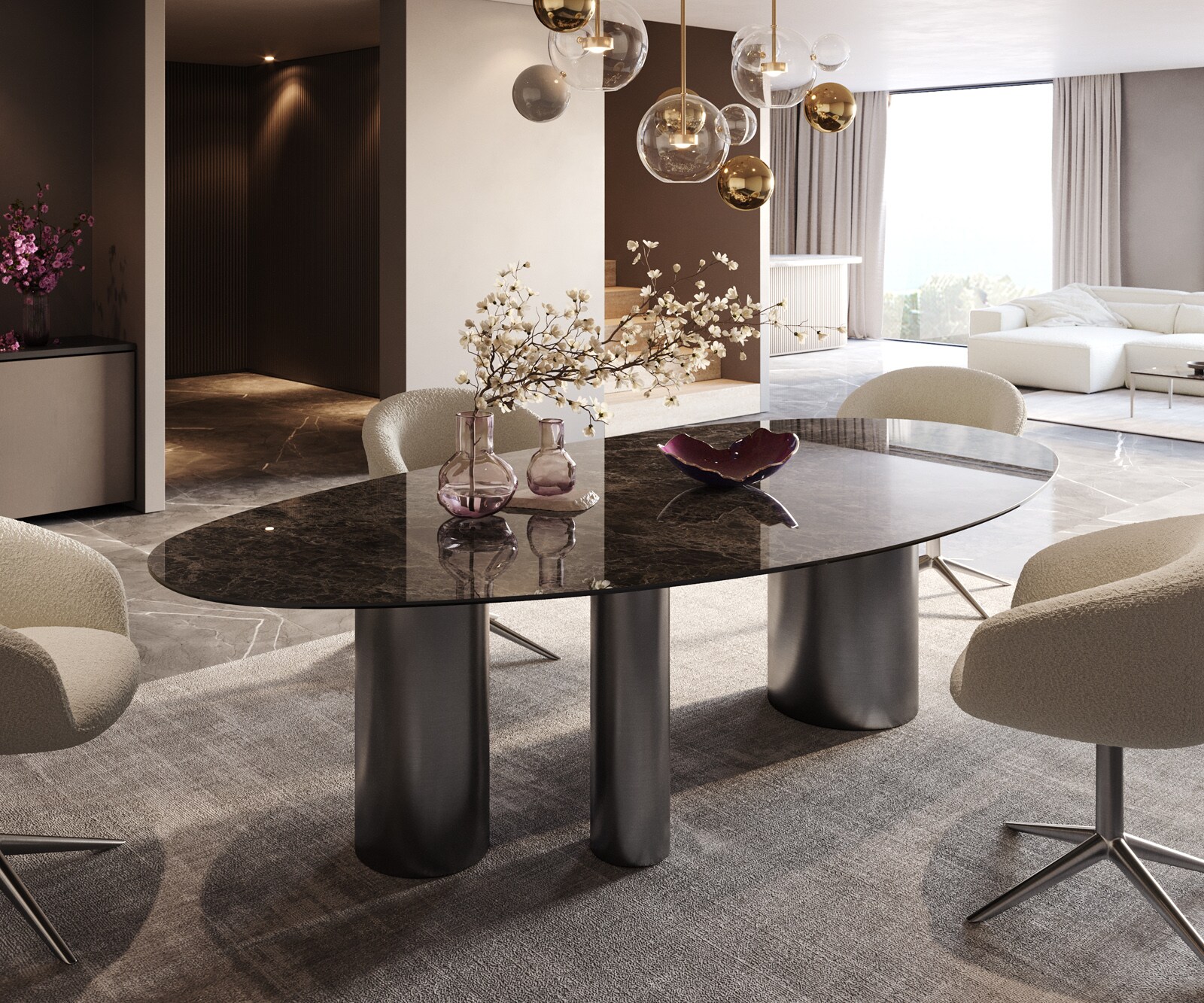 Трапезна маса Edge Oval 280x130, керамика Laminam „®“, Emperador Extra Lucidato, тъмнокафяво, Troa, неръждаема стомана, графит 1