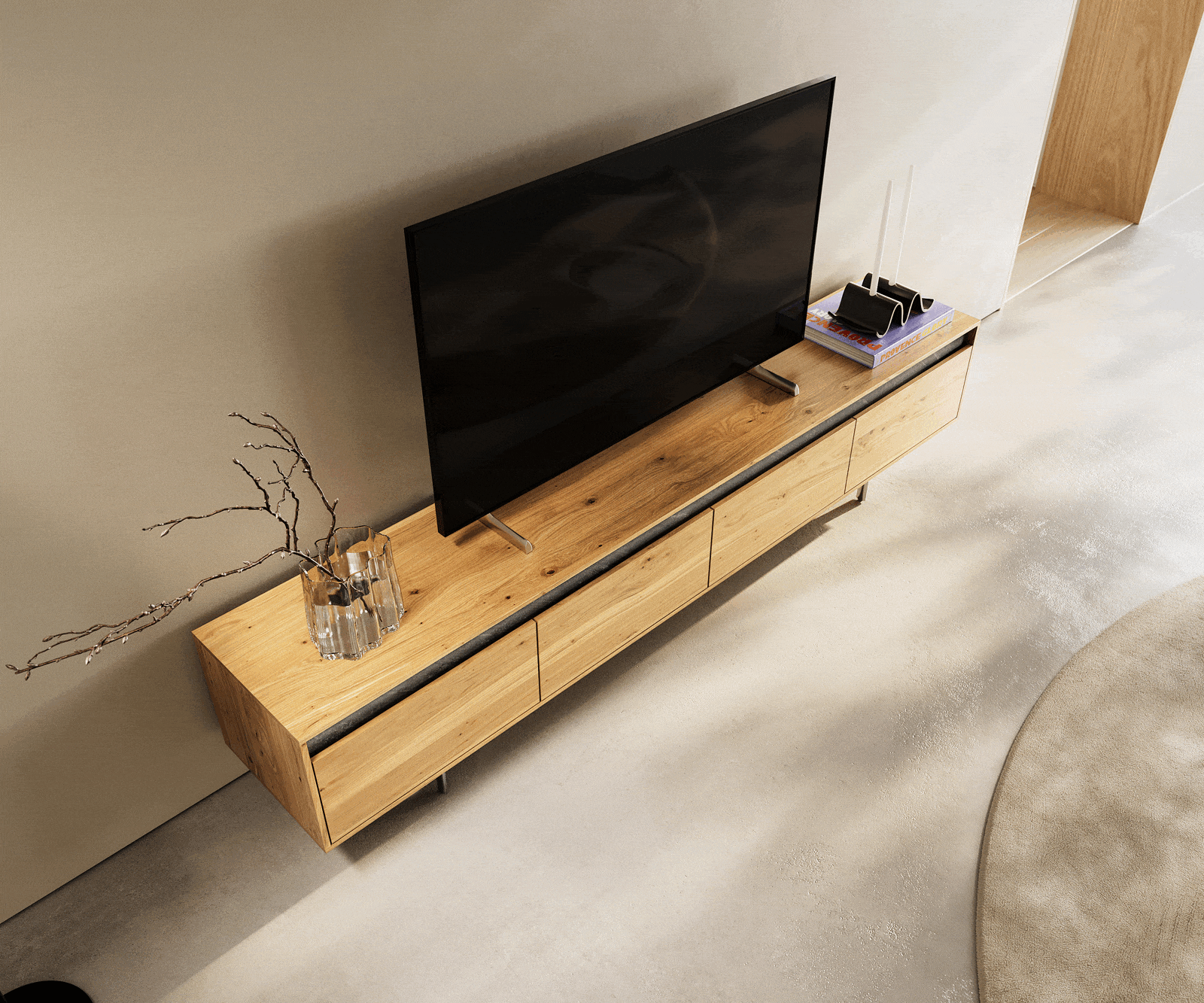 ТВ шкаф Stonegrace 200 cm естествен дъб шисти 4 чекмеджета основа овал неръждаема стомана 3