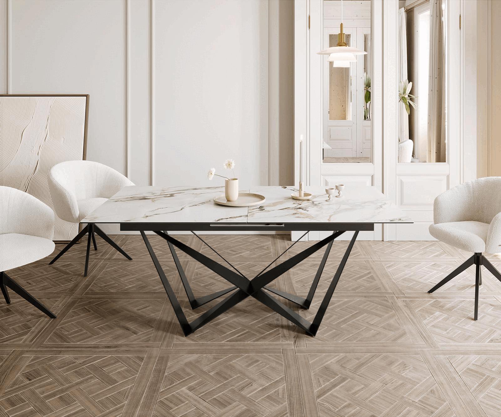 Маса 180-220x100 Keramik Calacatta Luxe Бял-Злато-Сив Spider плоска стомана Черен разтегателна Edge 1