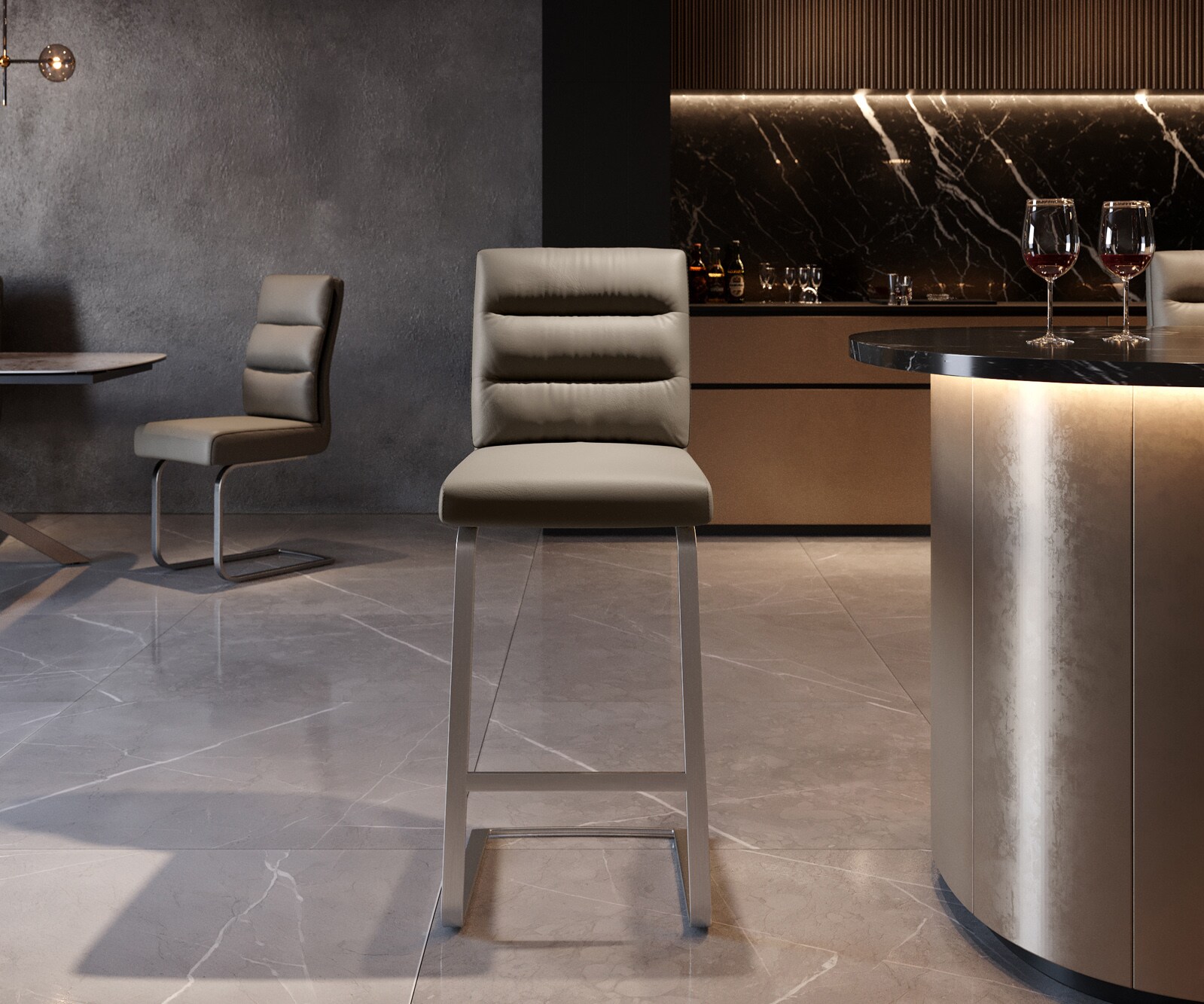 Бар стол Естествена кожа Сиво-Кафяв Конзолен крак плосък Неръждаема стомана Покет пружина Pela-Flex 4