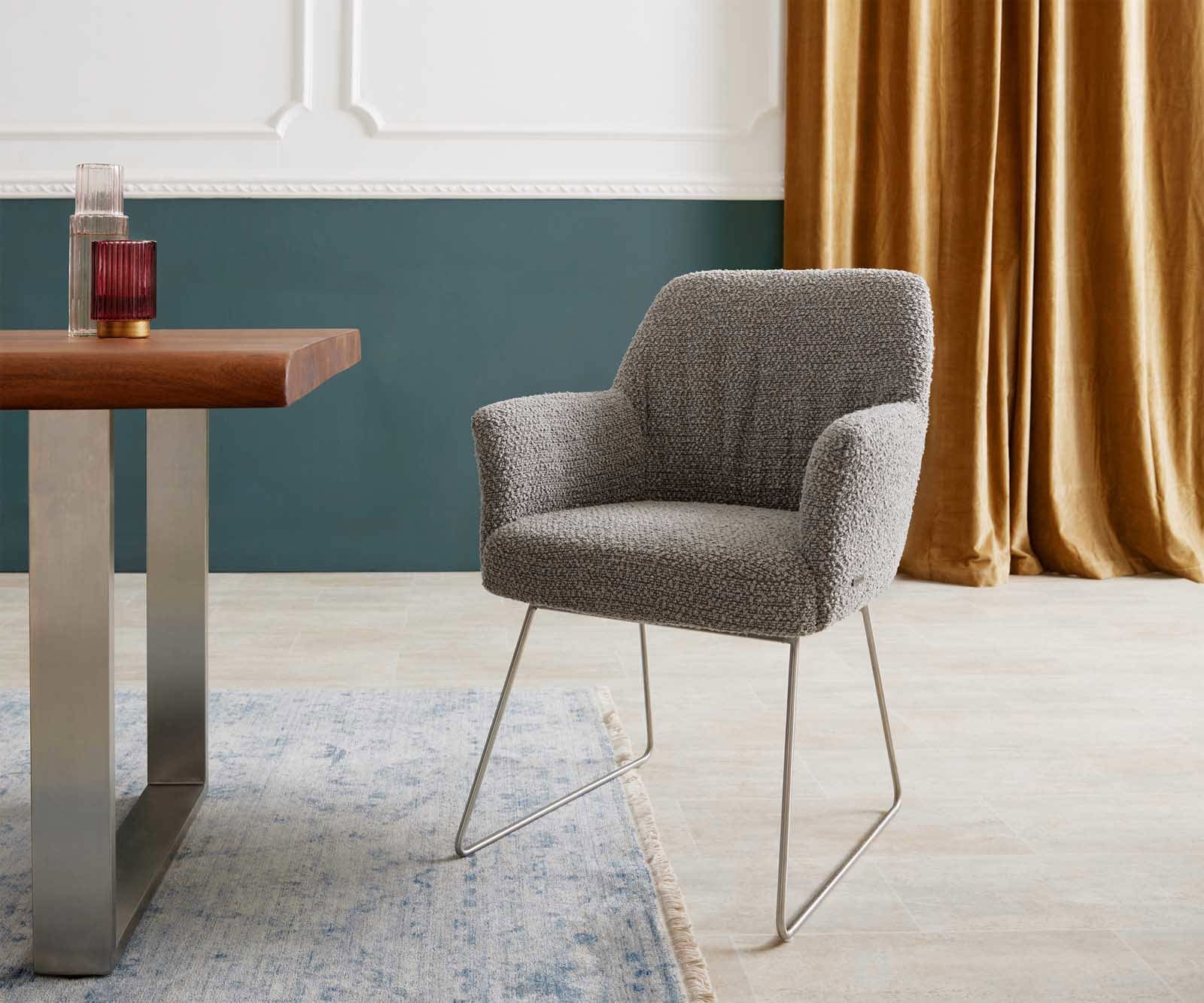 Стол Букле Сребристосив Извити крака Неръждаема стомана Покет пружина Xana-Flex Стол Букле Сребристосив Извити крака Неръждаема стомана Покет пружина Xana-Flex