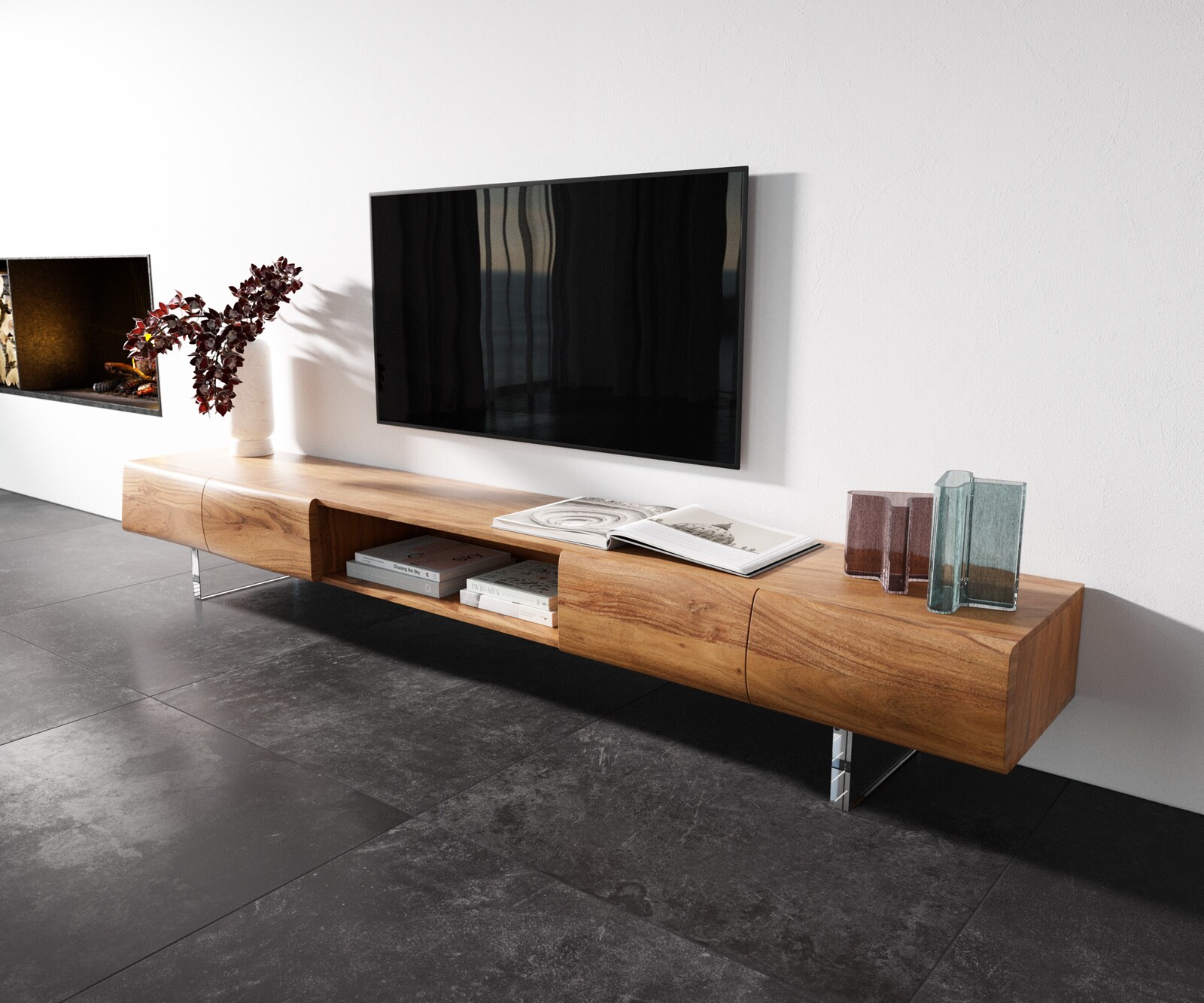 Нисък шкаф New Live-Edge 240 см естествена акация 4 врати 1 отделение акрилна основа