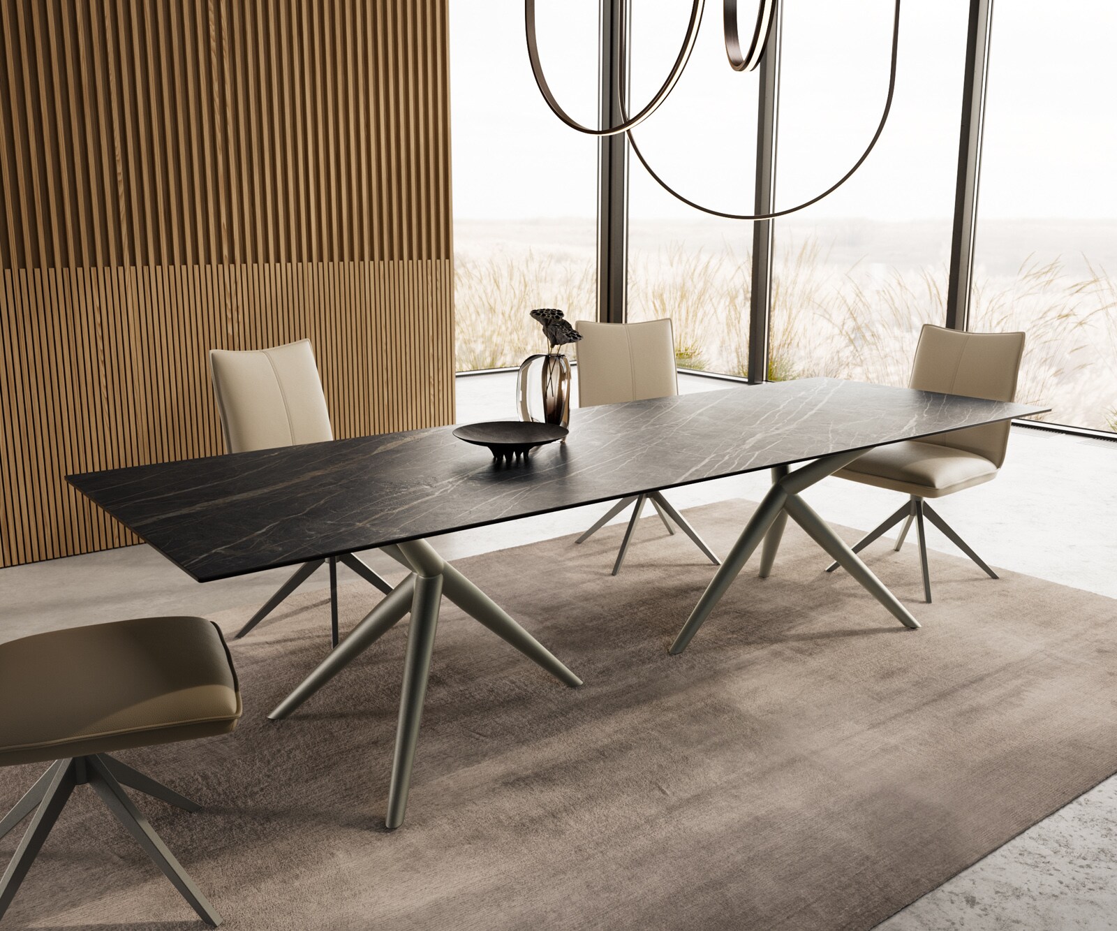 Трапезна маса Edge 300x100, керамика Laminam „®“, „Noir Desir“, „Braun“, „Estelar“, кръгла, метал, ефектно покритие „Титан“ 1