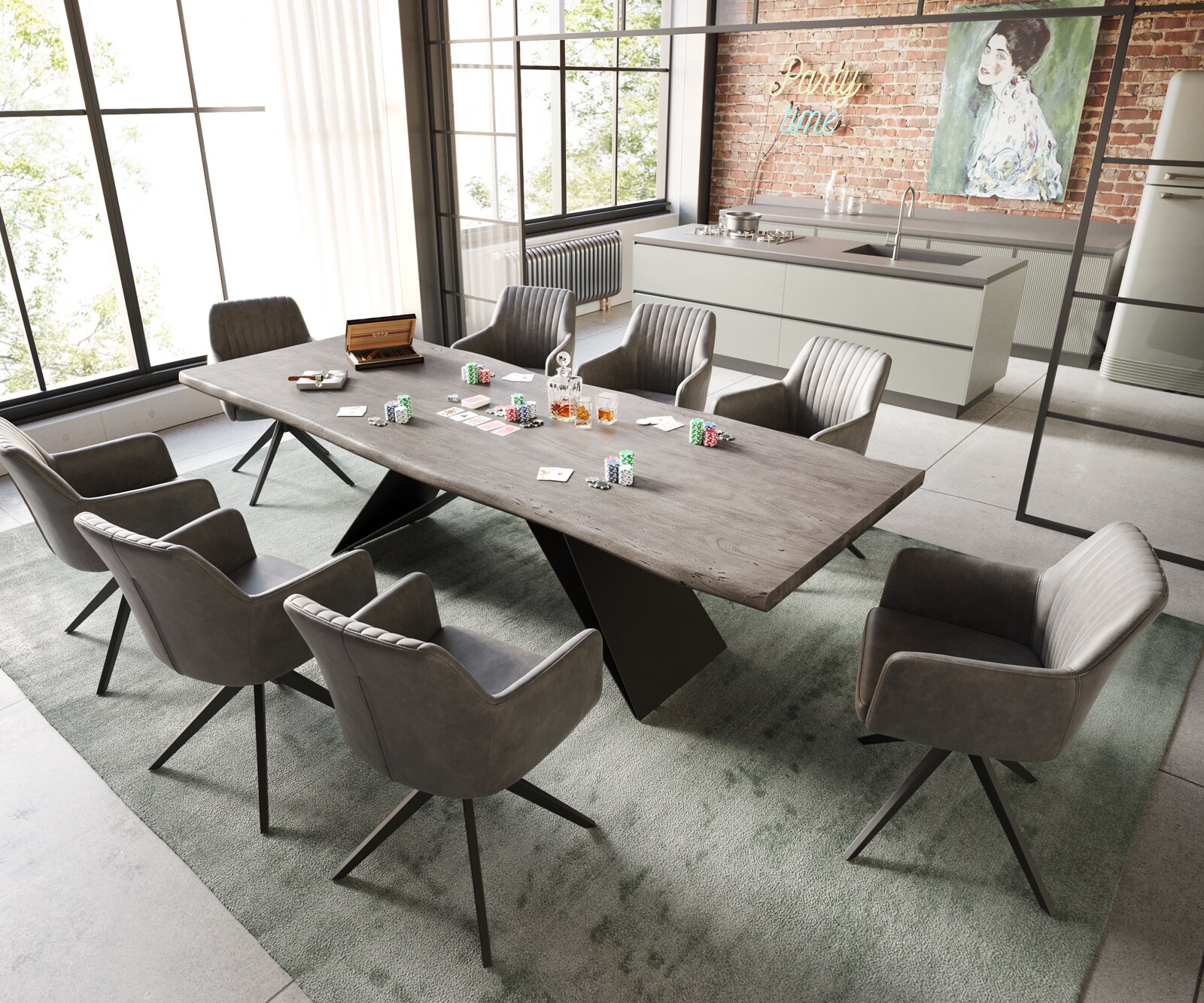 Маса 260x100 Акация Платинен цвят V-Рамка плоска стомана Черен Edge 6