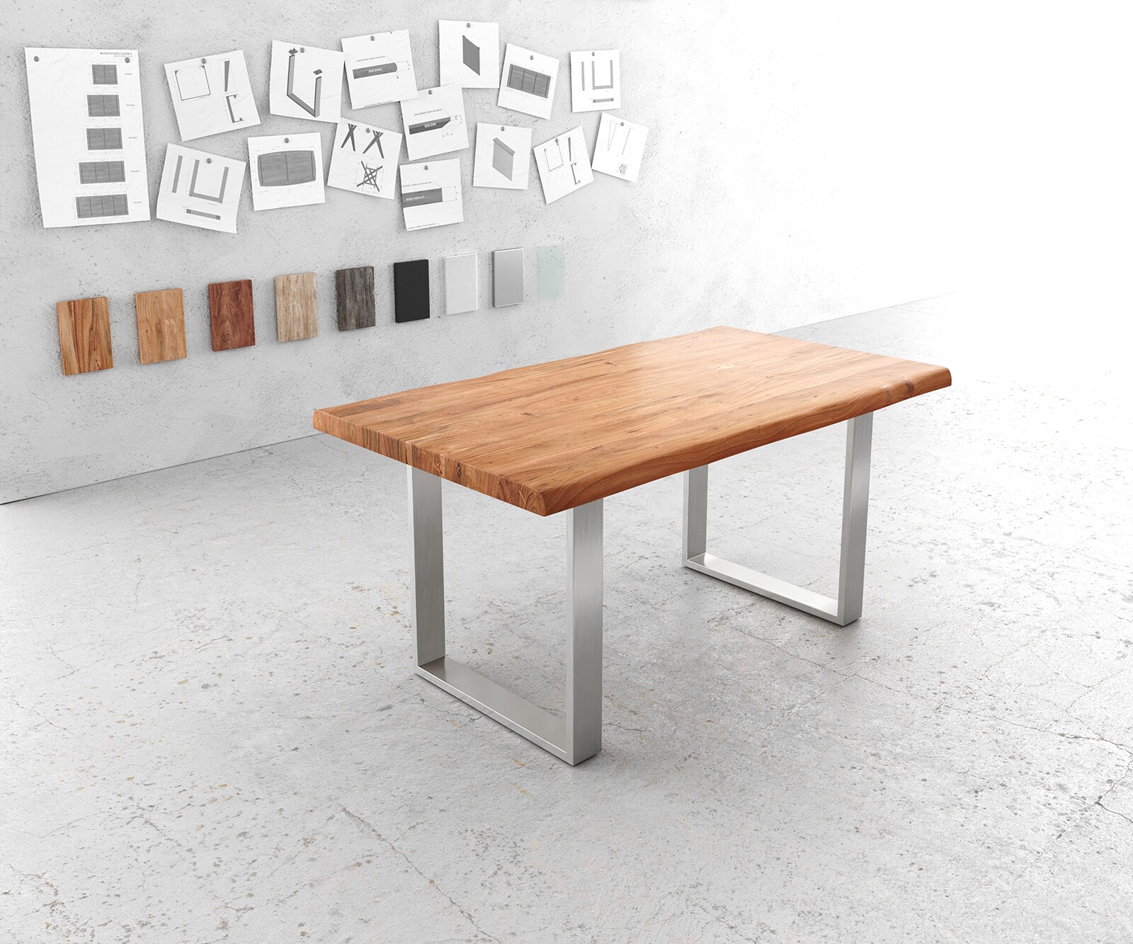 Трапезна маса Edge 160x90 см XL, естествена акация, неръждаема стомана, тясна, с естествени ръбове