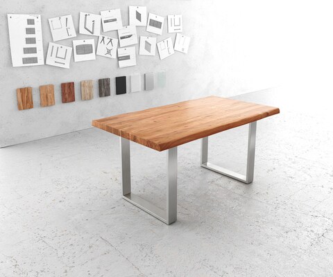 Трапезна маса Edge 160x90 см XL, естествена акация, неръждаема стомана, тясна, с естествени ръбове
