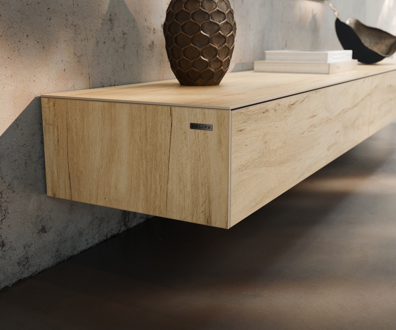 ТВ шкаф Cuor 250 см Керамика Laminam® Sabbia Дъбов цвят 1 врата 1 чекмедже Основа Метал Черен 6