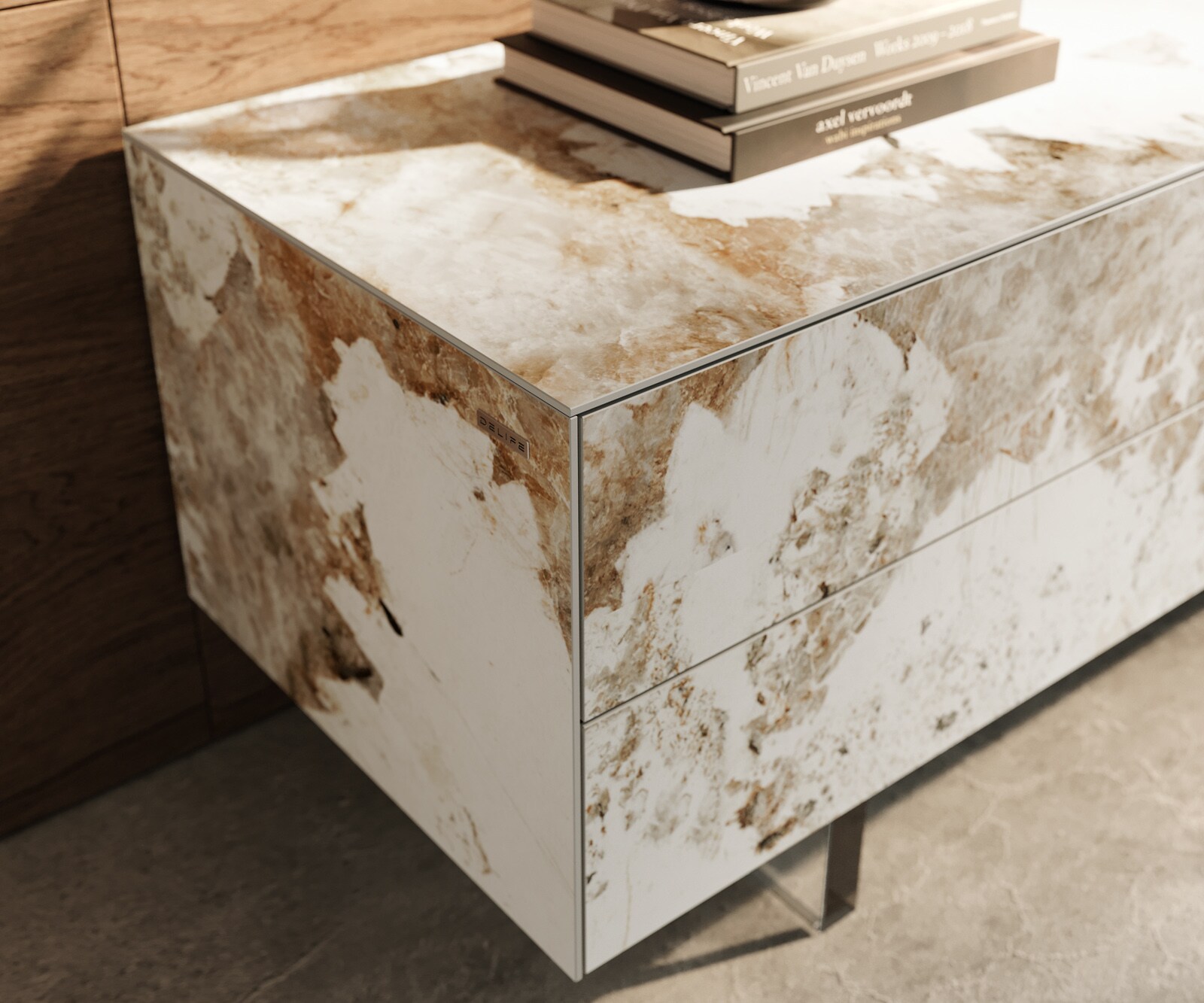 Ниска дъска Cuor 180 cm Керамика Minas Melange Бяло-бежово 1 клапа 2 чекмеджета Основа Плаващ вид акрилно стъкло 6